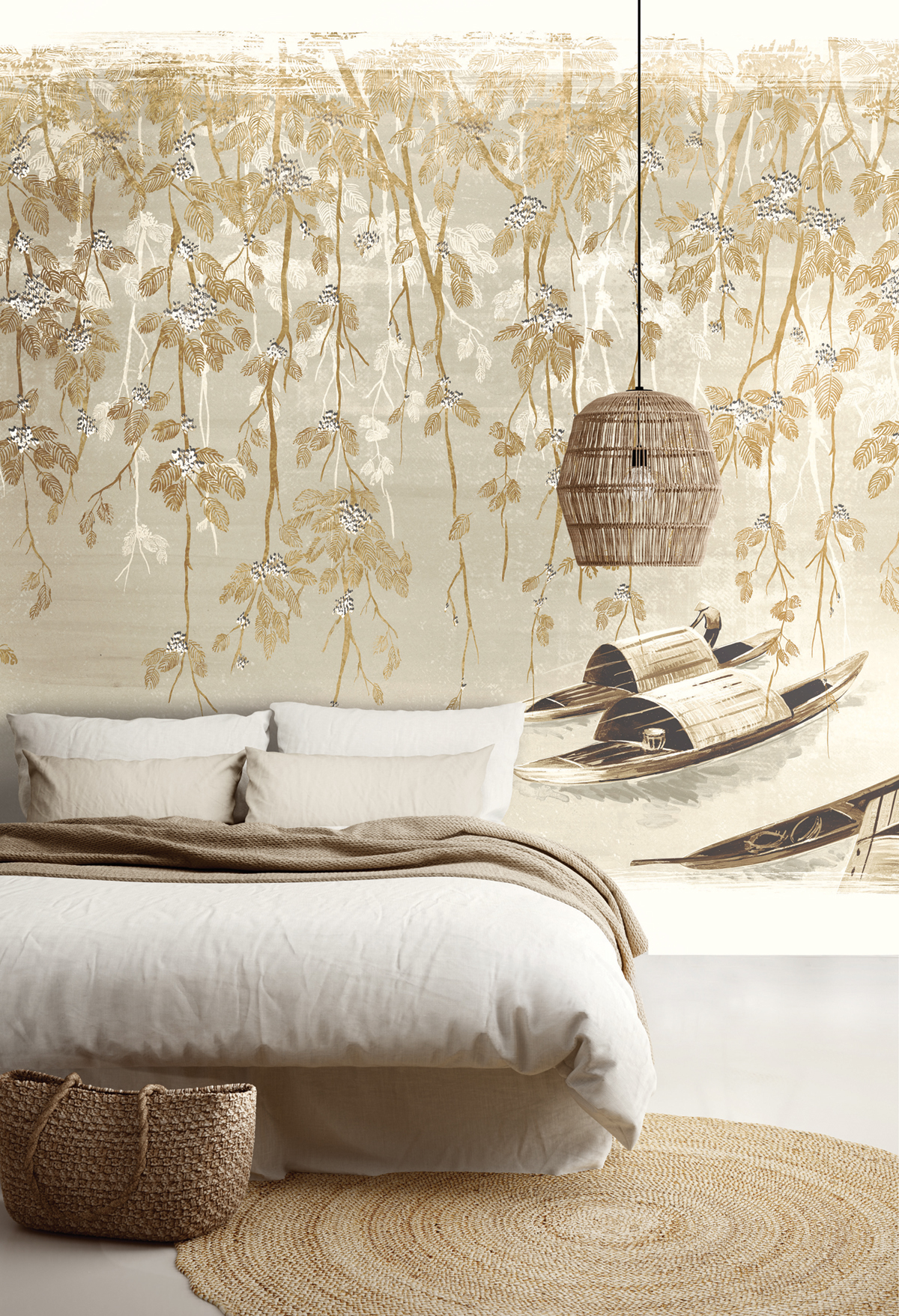 Papier peint panoramique Barque Japonaise River ocre - A, B et C H300 - Kimono de Masureel | Réf. MAS-DGKIM2023X