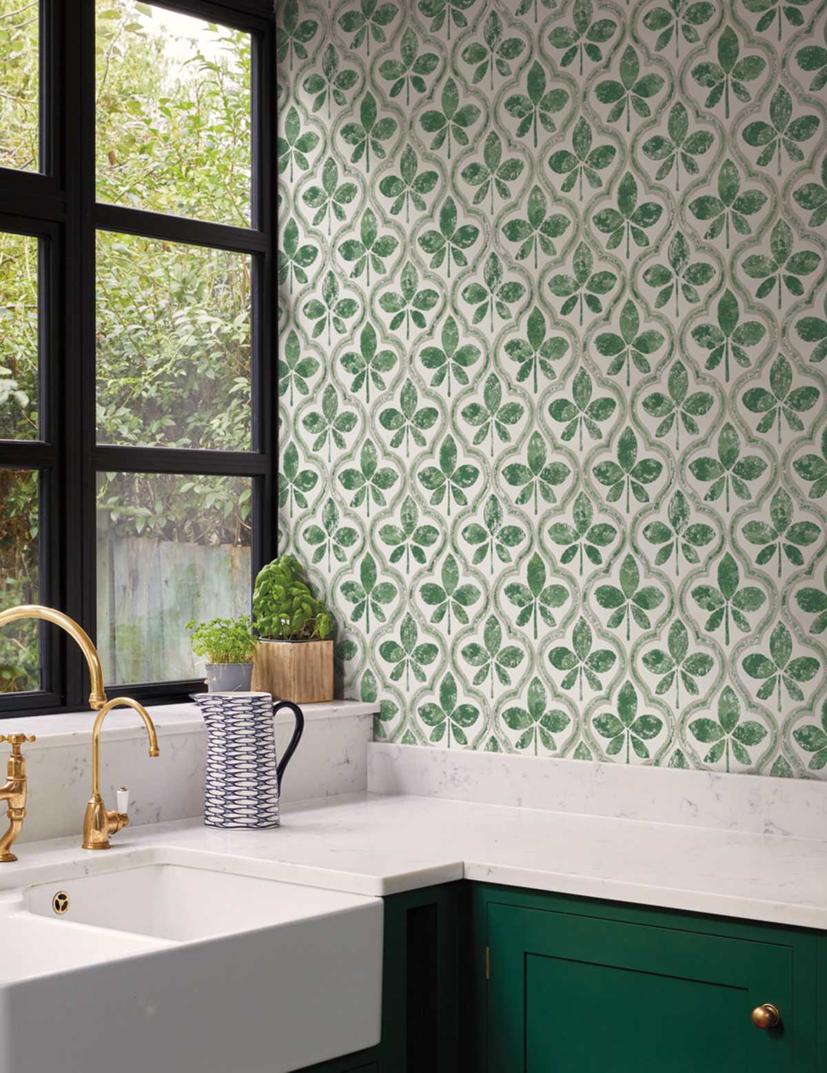 Papier peint Médaillon Feuille Séville vert - Greenhouse de York (Initiales) | Réf. INI-GO8274