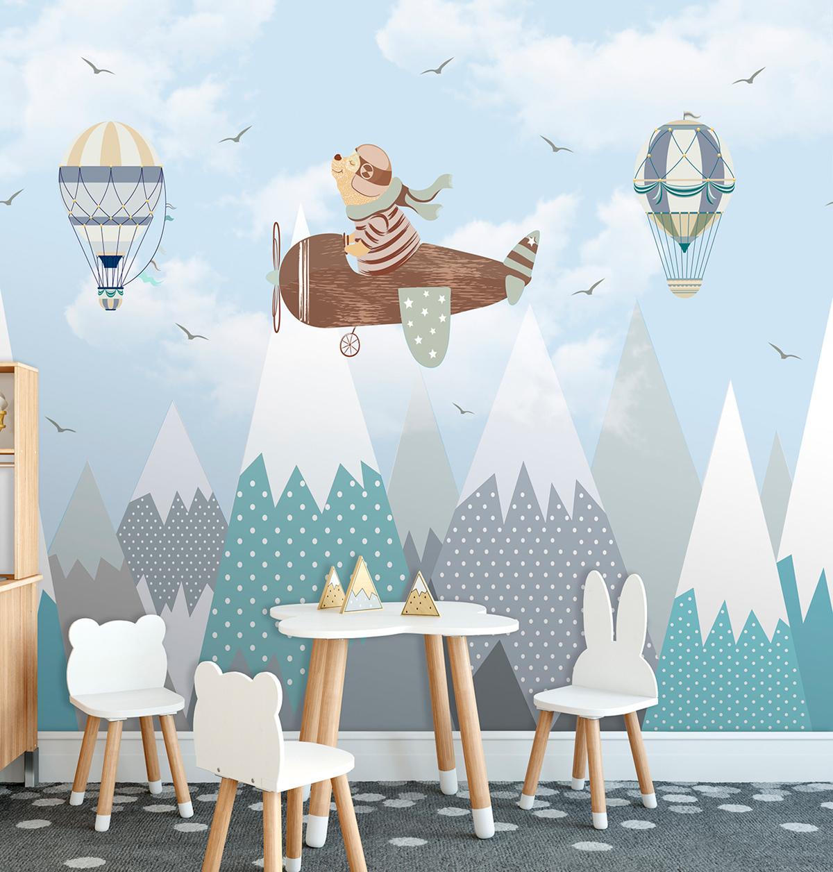 Papier peint panoramique Avion Air Travel Bear bleu - Farandole de Lutèce | Réf. LTC-CW6001-1