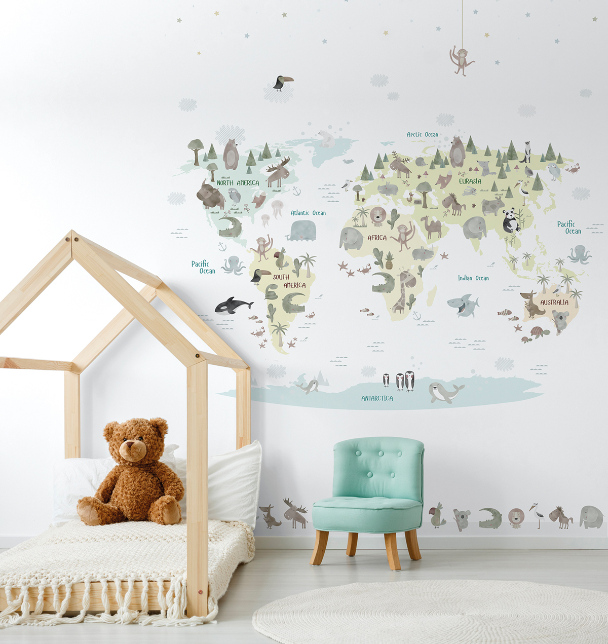 Papier peint panoramique Carte du Monde Faune multicolore pastel - Panorama 2 de Lutèce | Réf. LTC-PAN1882C