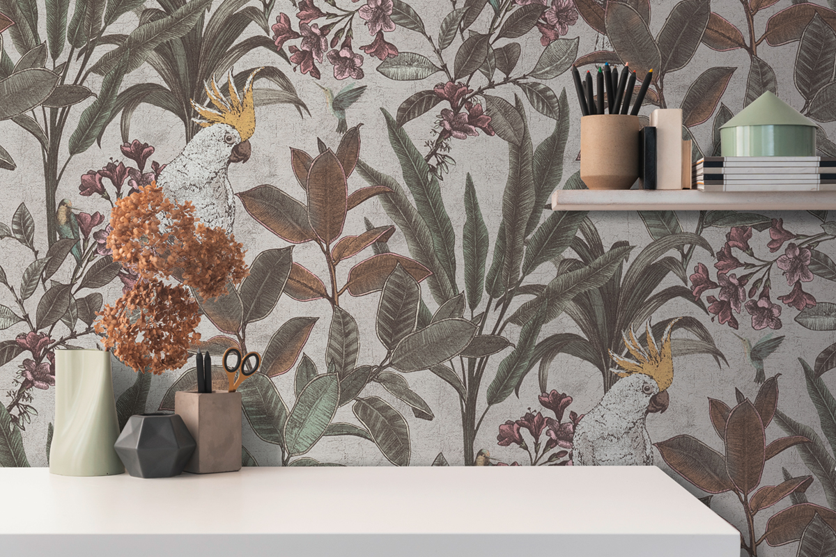 Papier peint Jungle Cacatoès vert grège - Pintwalls 2 d'A.S. Création AMB2 | Réf. AS-397484