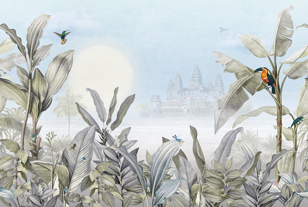 Papier peint panoramique Tropical Angkor bleu - Panorama 2 de Lutèce | Réf. LTC-PAN1472C