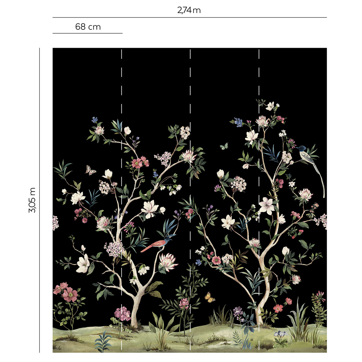 Papier peint panoramique Oiseaux Chinoiserie Magnolia noir - Daisy Bennett d'Initiales | Réf. INI-DB30510M