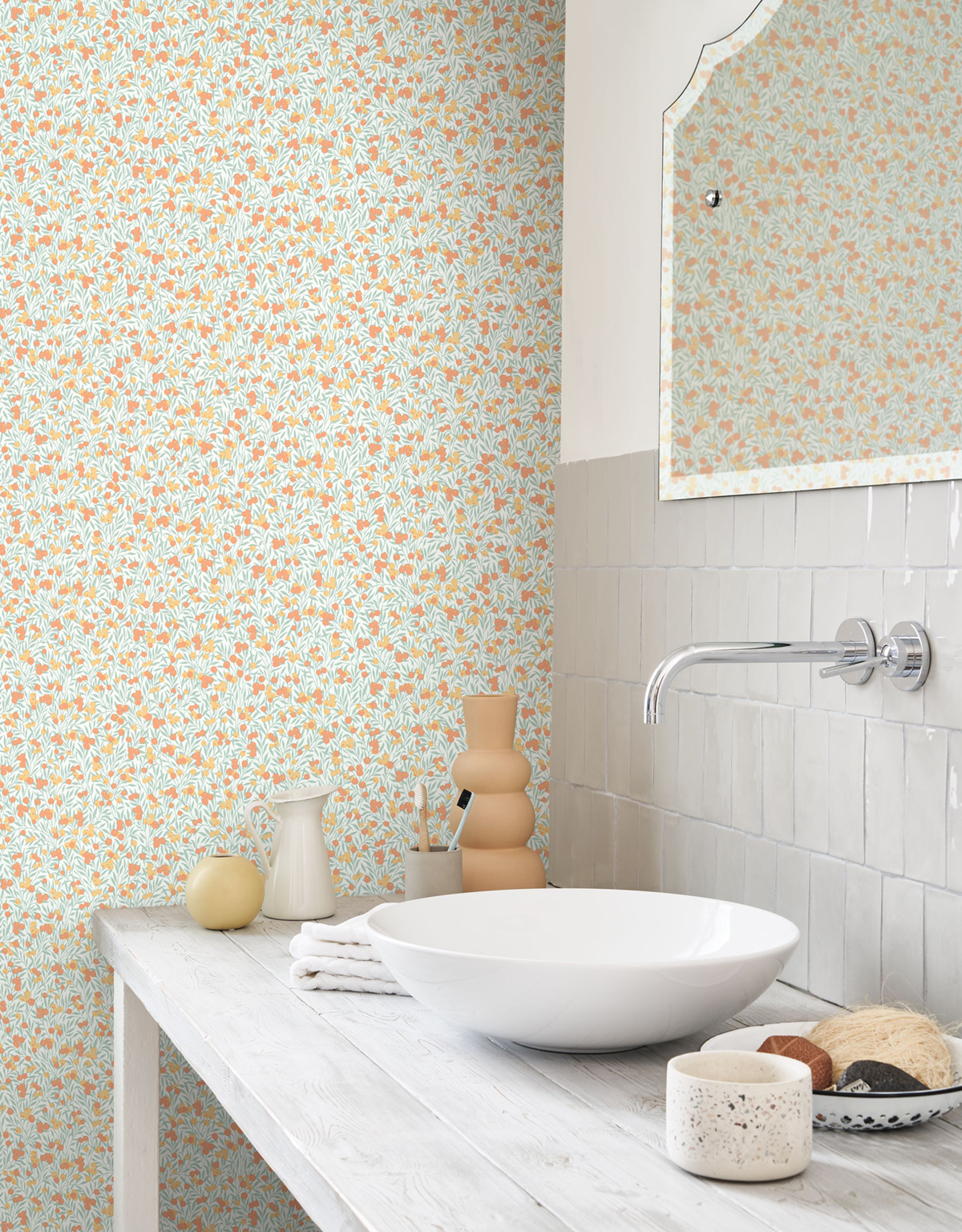 Papier peint Feuillage Cherry vert corail - Flower Market de Casadéco | Réf. FLOM89223333