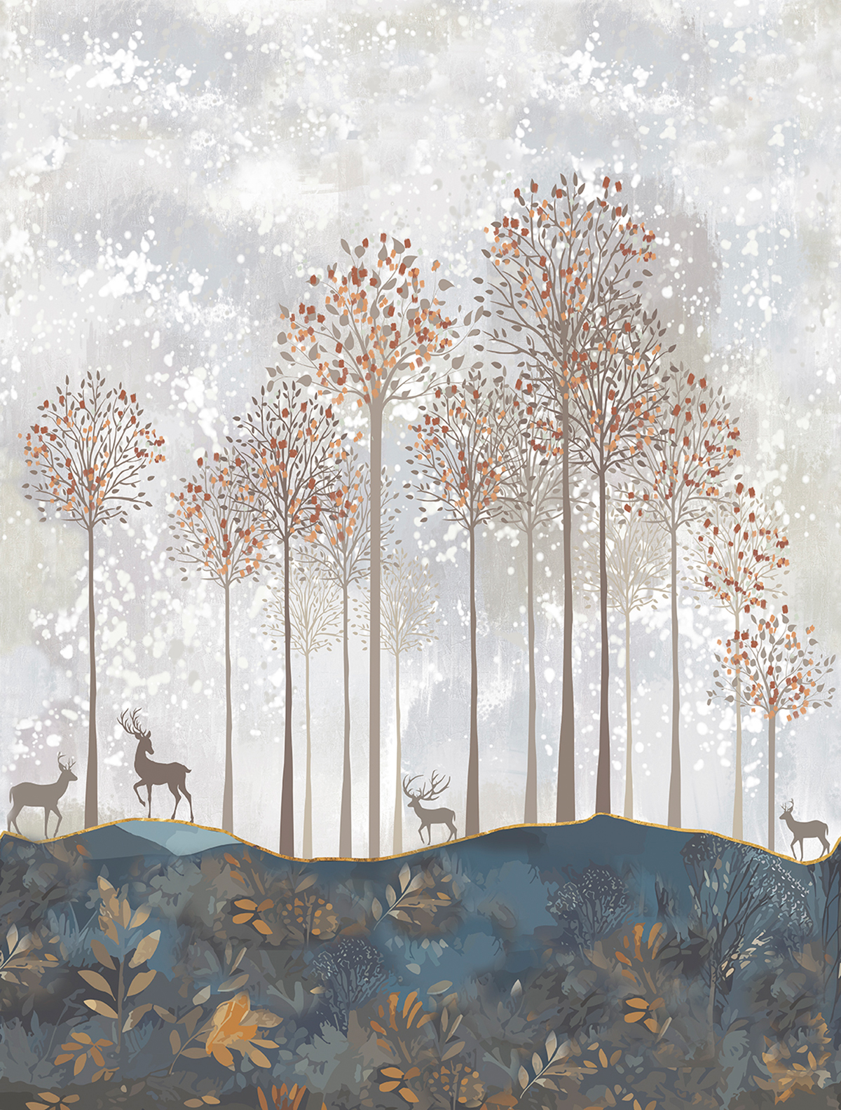 Papier peint panoramique Bois Forest Deer bleu - Farandole de Lutèce | Réf. LTC-CW6047-1