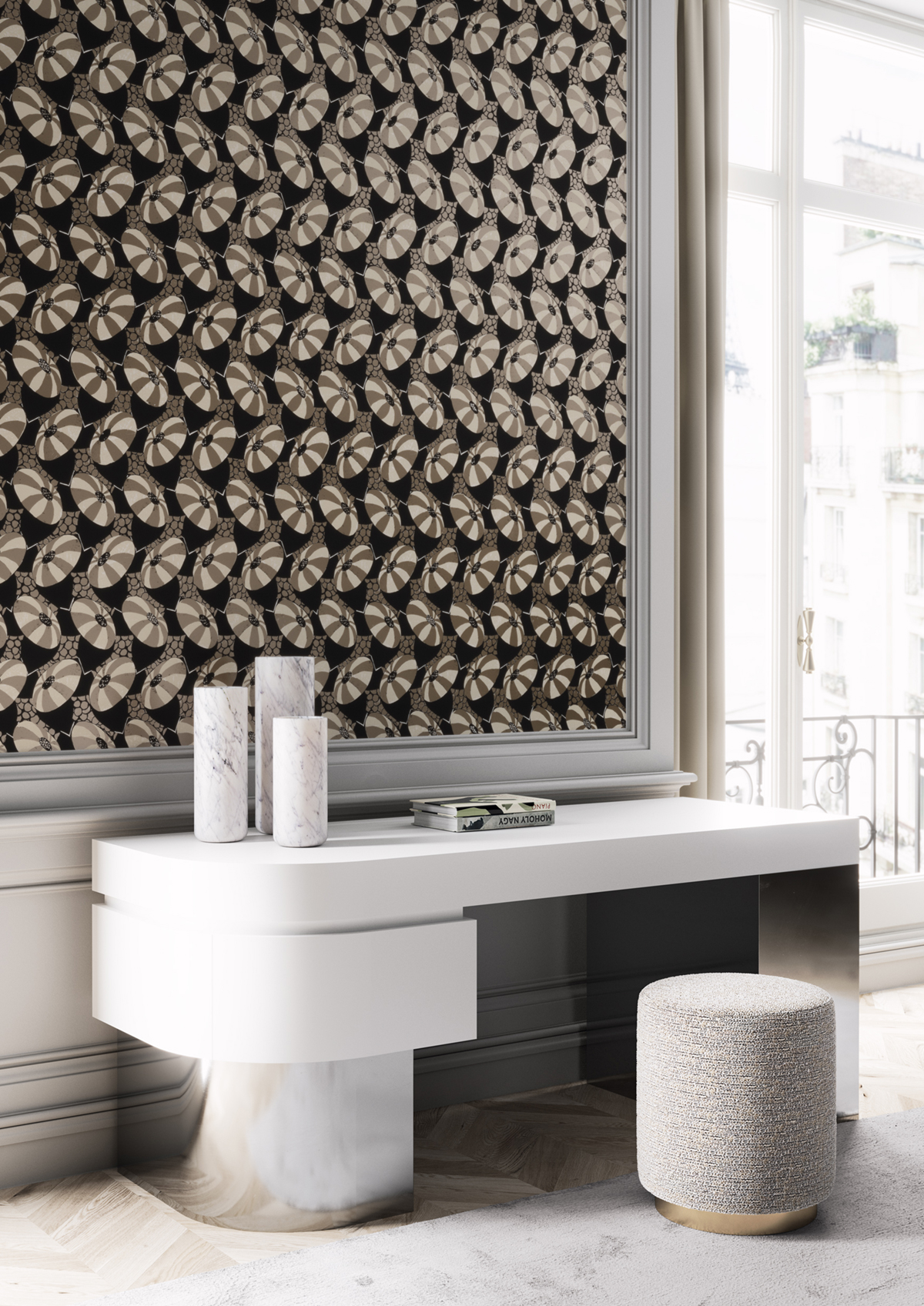 Papier peint Soucoupe Cecilia taupe métallisé - Folies de Masureel | Réf. MAS-FOL003