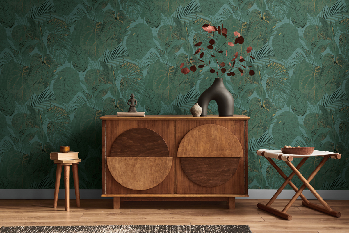 Papier peint Feuilles Palmes Colosia vert paon doré - Famous Garden d'A.S. Création AMB2 | Réf. AS-393553