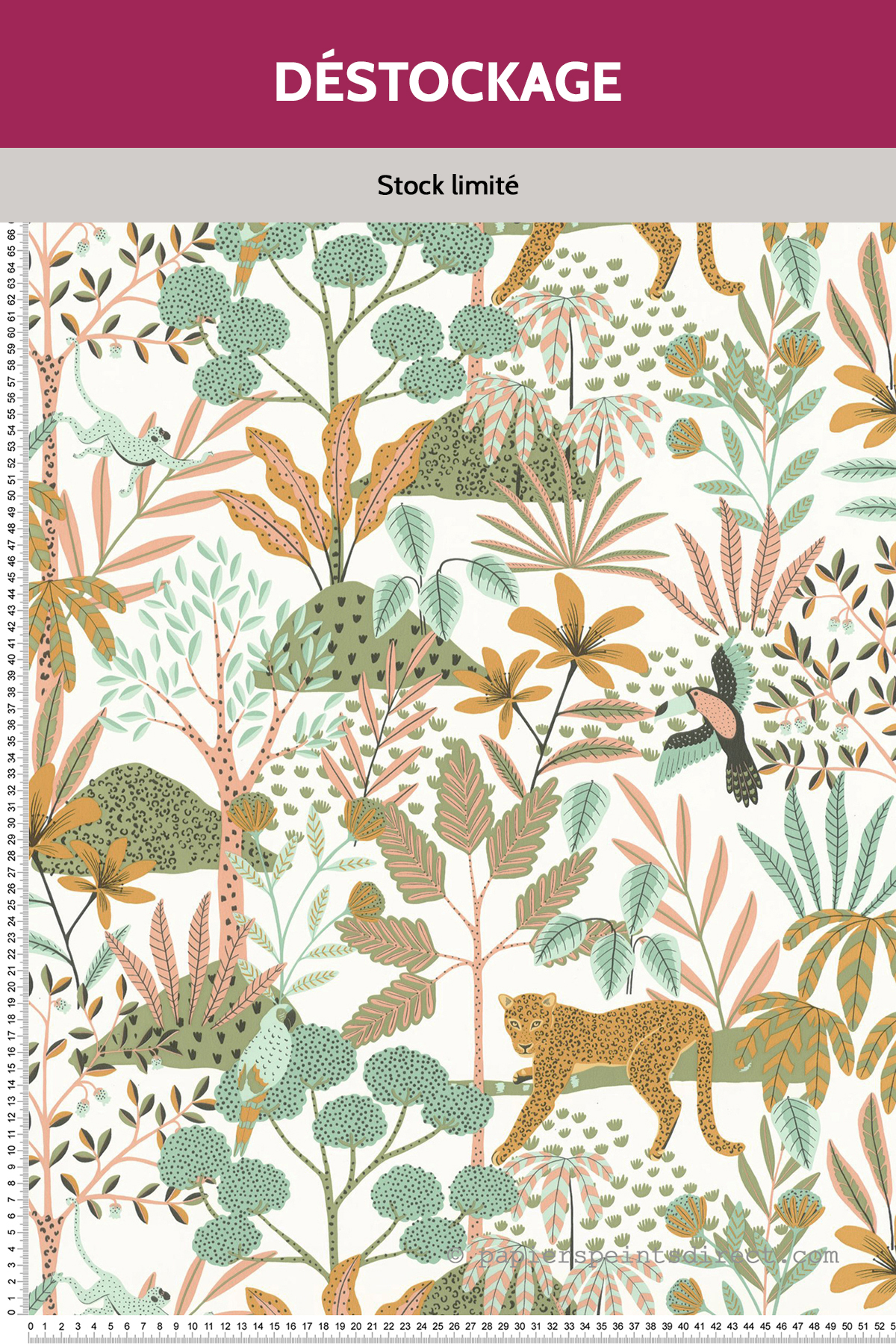 Papier peint Destockage - Jungle Animaux Jane vert rose - Let's Go Girls! de Casélio
