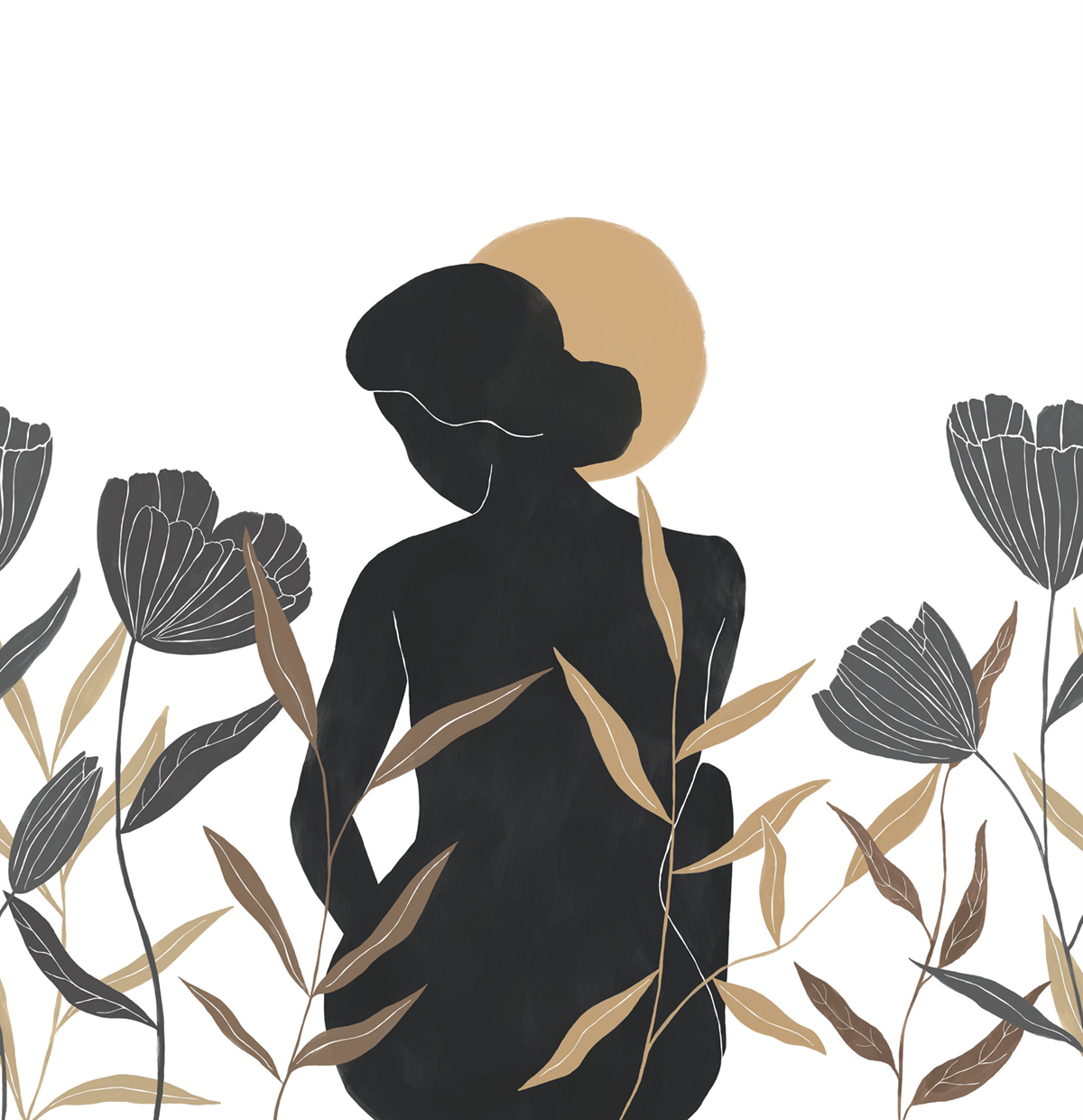 Papier peint Panoramique Silhouette Florale Moon Woman noir et blanc 300X310 - Moonlight 3 de Casélio | Réf. MNL3107240909
