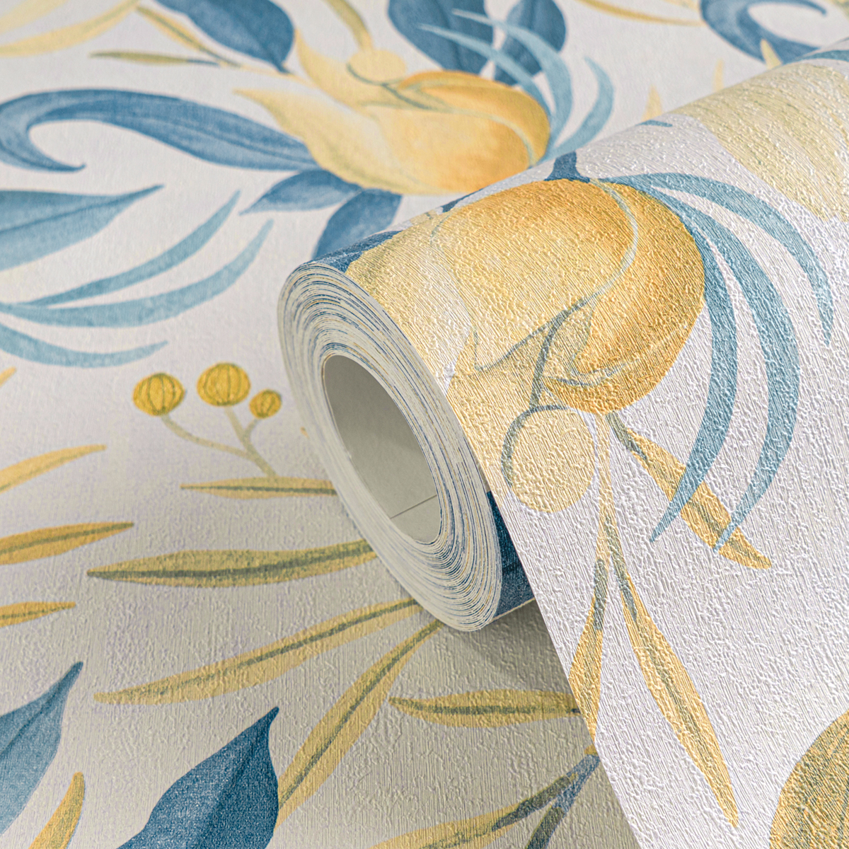 Papier peint Floral Still Bloom jaune bleu - Cosmoliving d'A.S. Création ZOOM | Réf. AS-790626