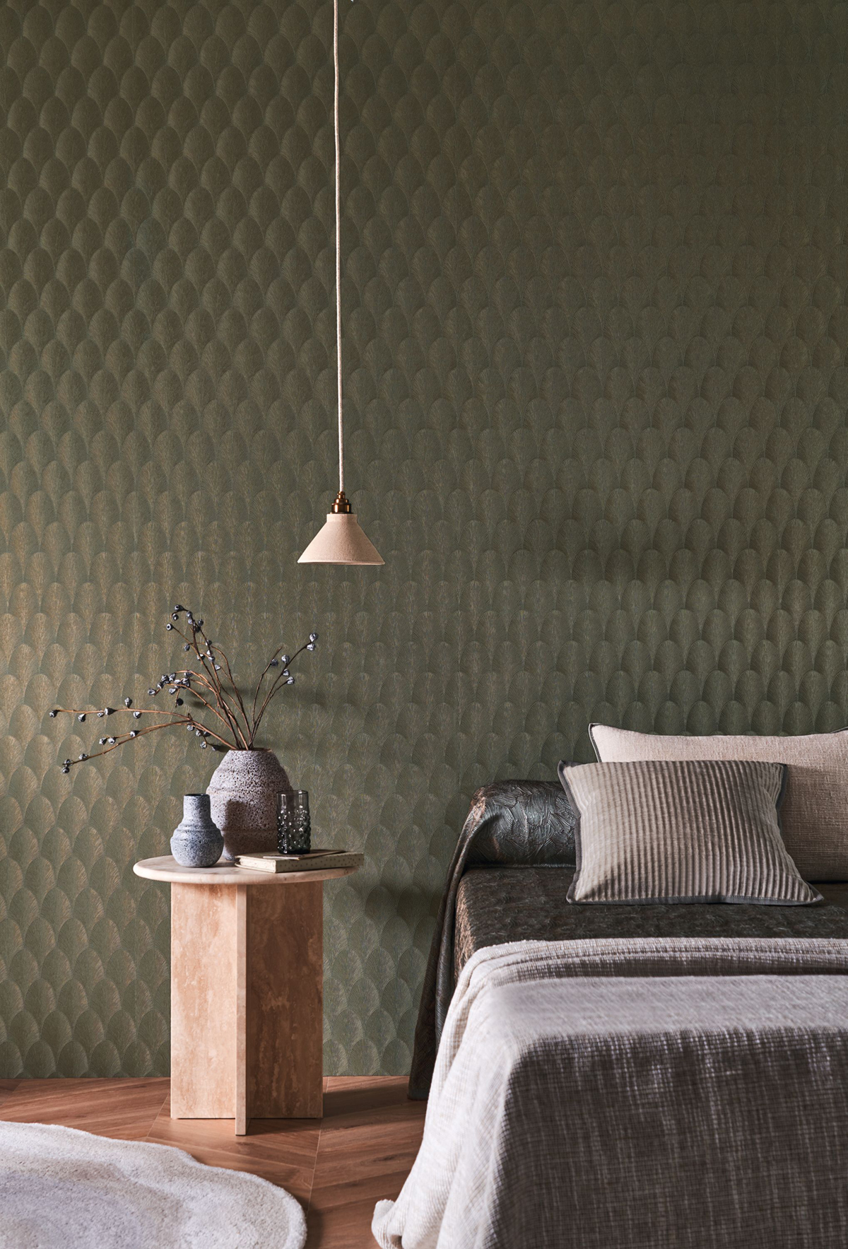 Papier peint Art Déco Tourmaline vert de gris doré - Métal de Casamance | Réf. CAS-75781834