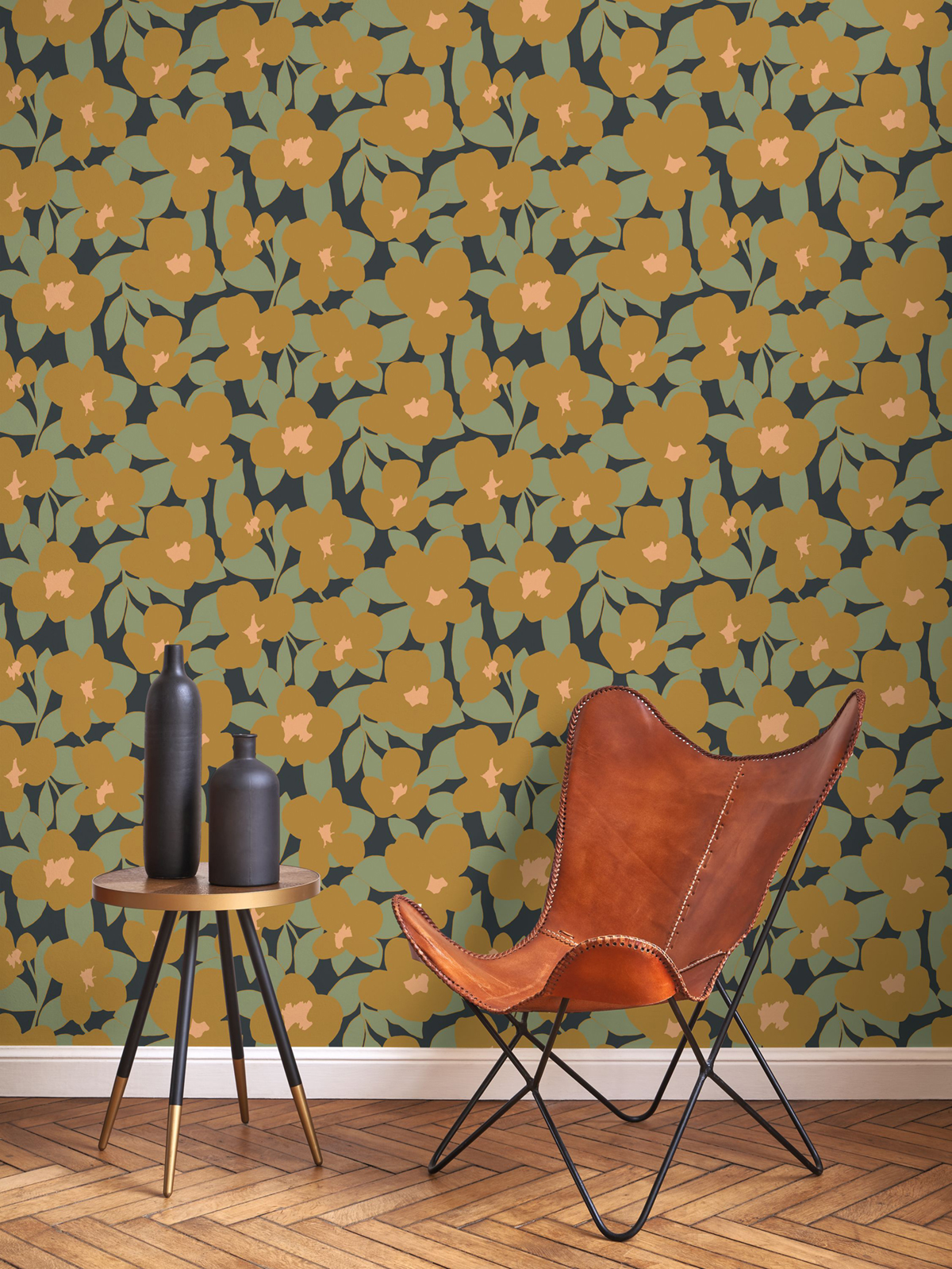 Papier peint 70s Flower Power curry bleu irisé - Iconic de Casadéco | Réf. CONI88392521