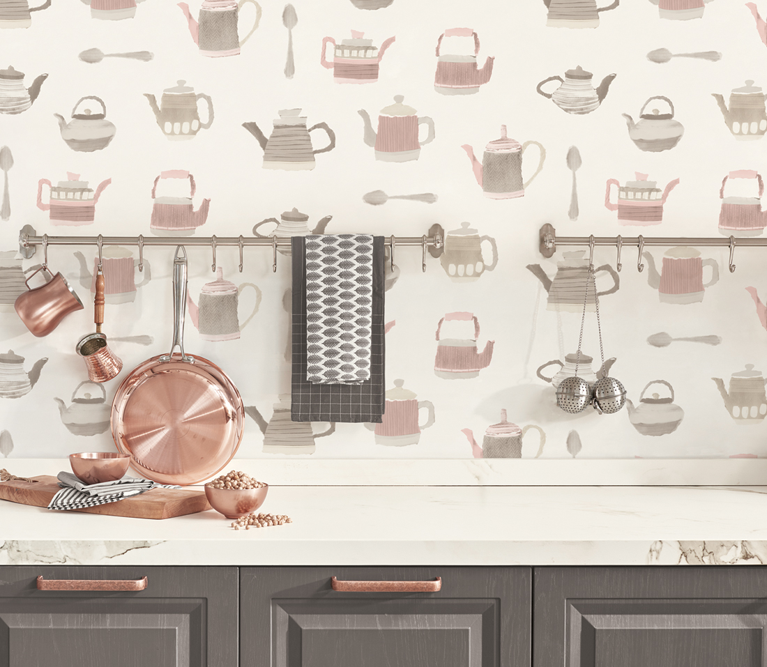 Papier peint Cafetière Théière rose - Style Cuisine 3 de Lutèce | Réf. LTC-CK36633