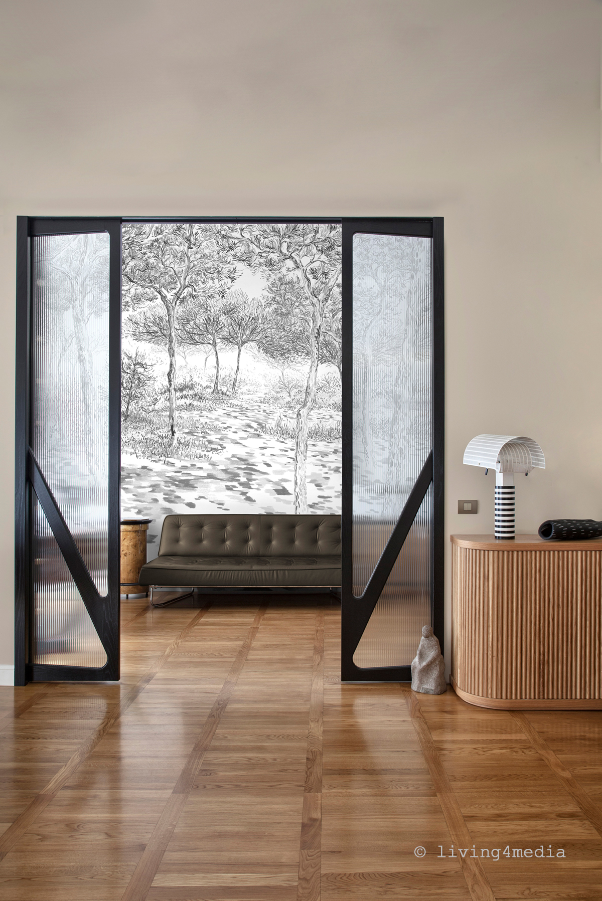 Papier peint panoramique Balade sous les pins Gris A+B+C - 1/2/3/4/5/6/7/8/9 - Isidore Leroy