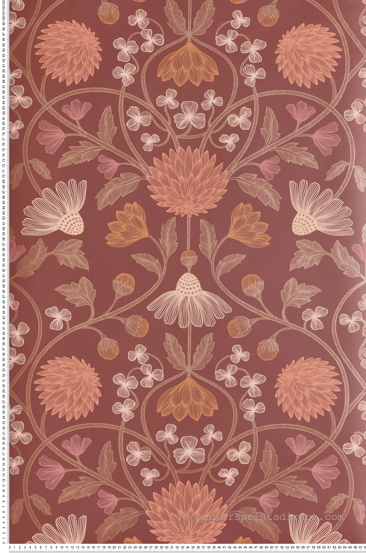 Papier peint Fleurs Champêtres Entrelacées Hippolyte bordeaux cuivré - Isadora de Casamance | Réf. CAS-70450814