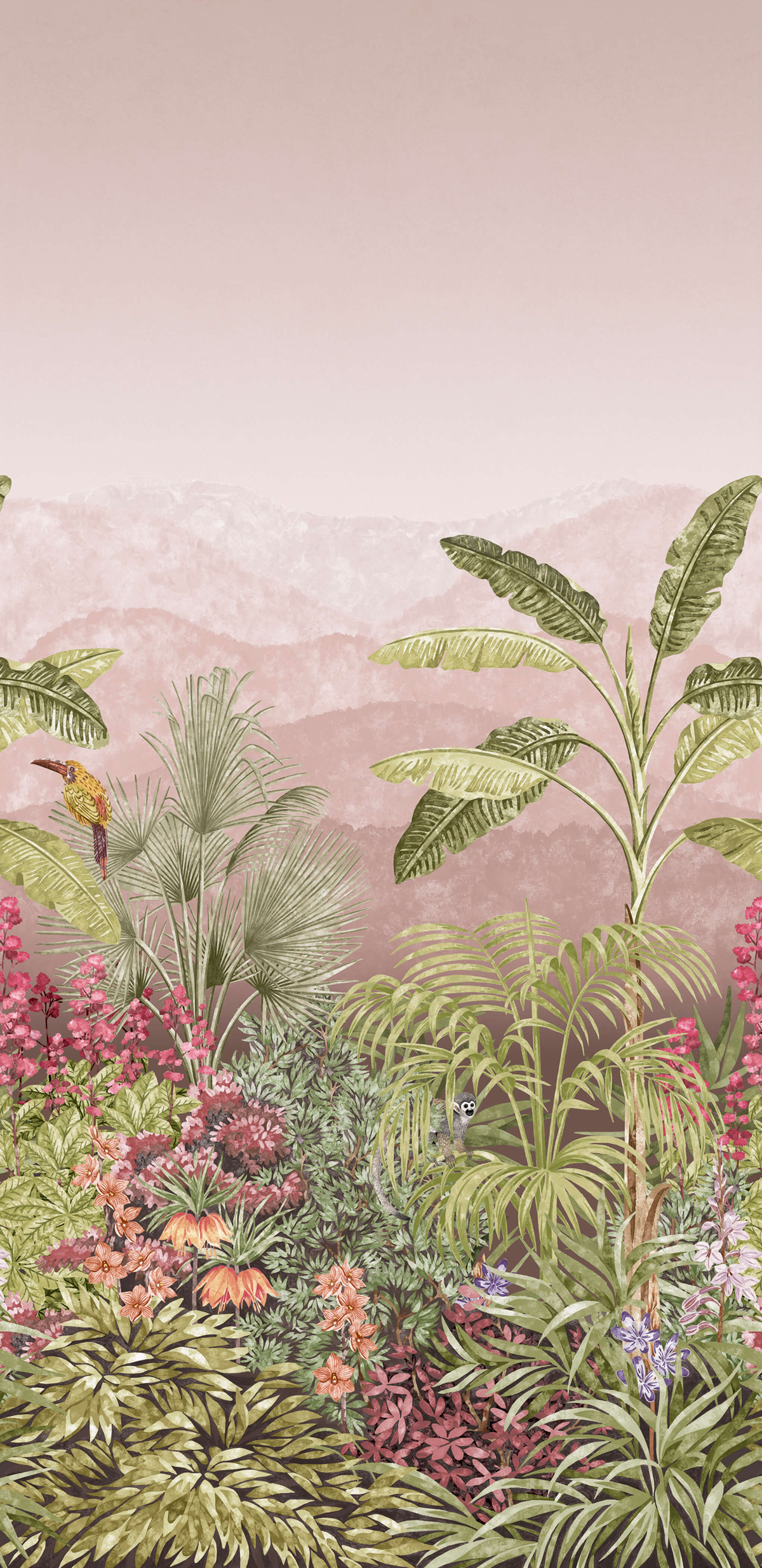 Papier peint panoramique Jungle Singe Capricorn Blush - National Trust Papers 4 de Little Greene | Réf. 0267CABLUSH