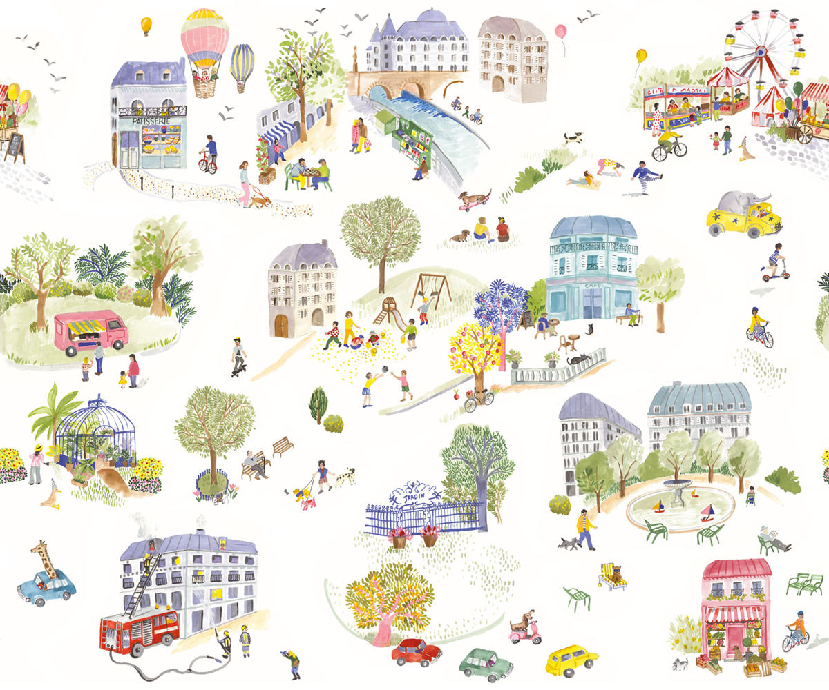 Papier peint Panoramique Dreaming Village multicouleurs 300X250 - Happy Kids Club de Casélio | Réf. HKC107709907