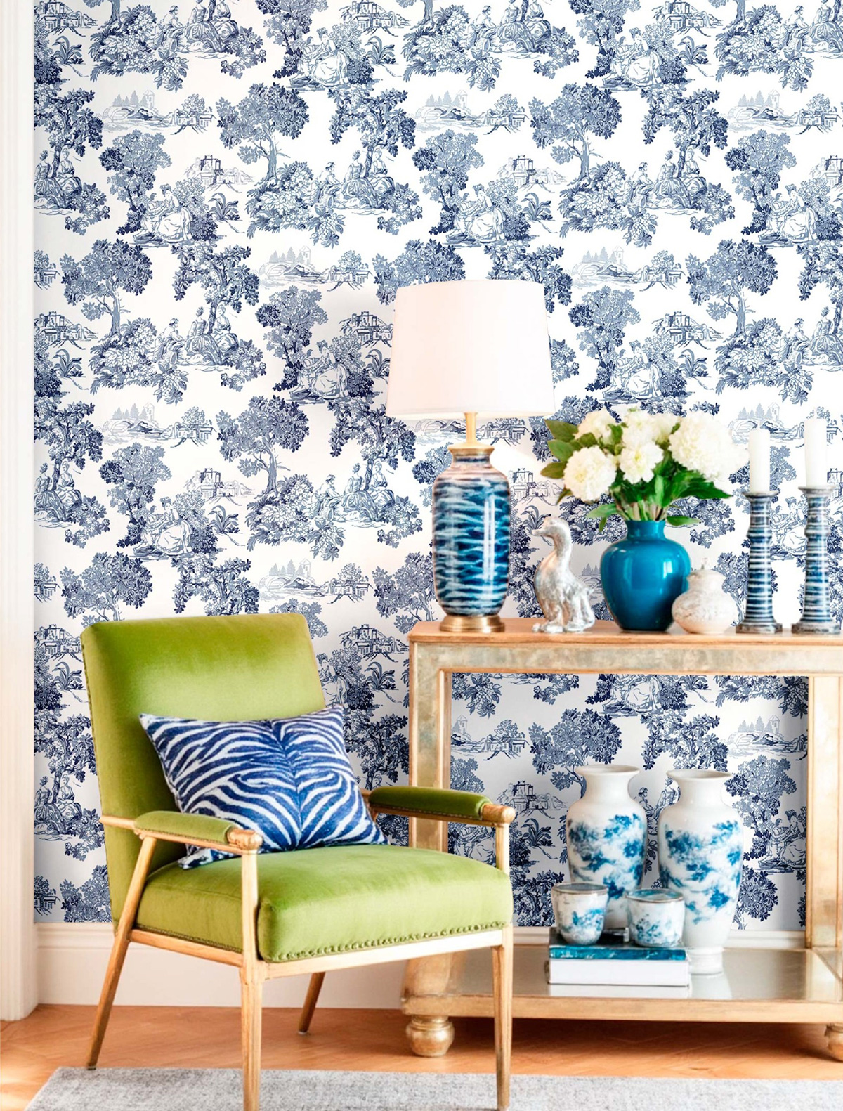 Papier peint Toile de Jouy Scène bleu marine - Garden Party 2 de Montecolino | Réf. MC-8342