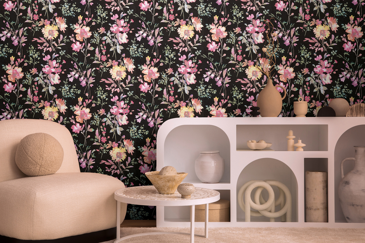Papier peint Fleur Pétale Poetry noir rose métallisé - Cosmoliving d'A.S. Création AMB2 | Réf. AS-790612