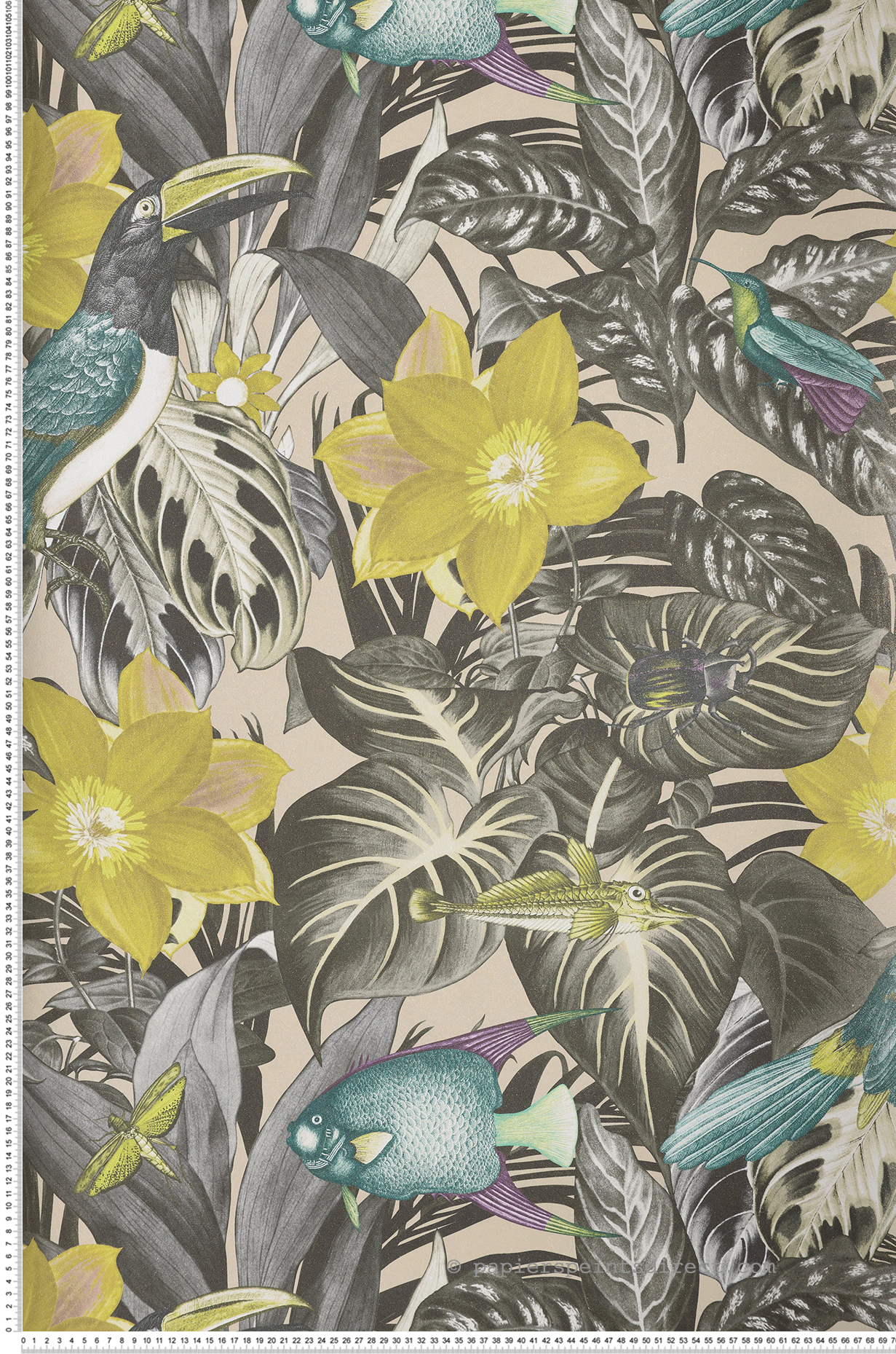 Papier peint Tropical et Poisson Palau grège pailleté - Moorea de Montecolino | Réf. MC-26745