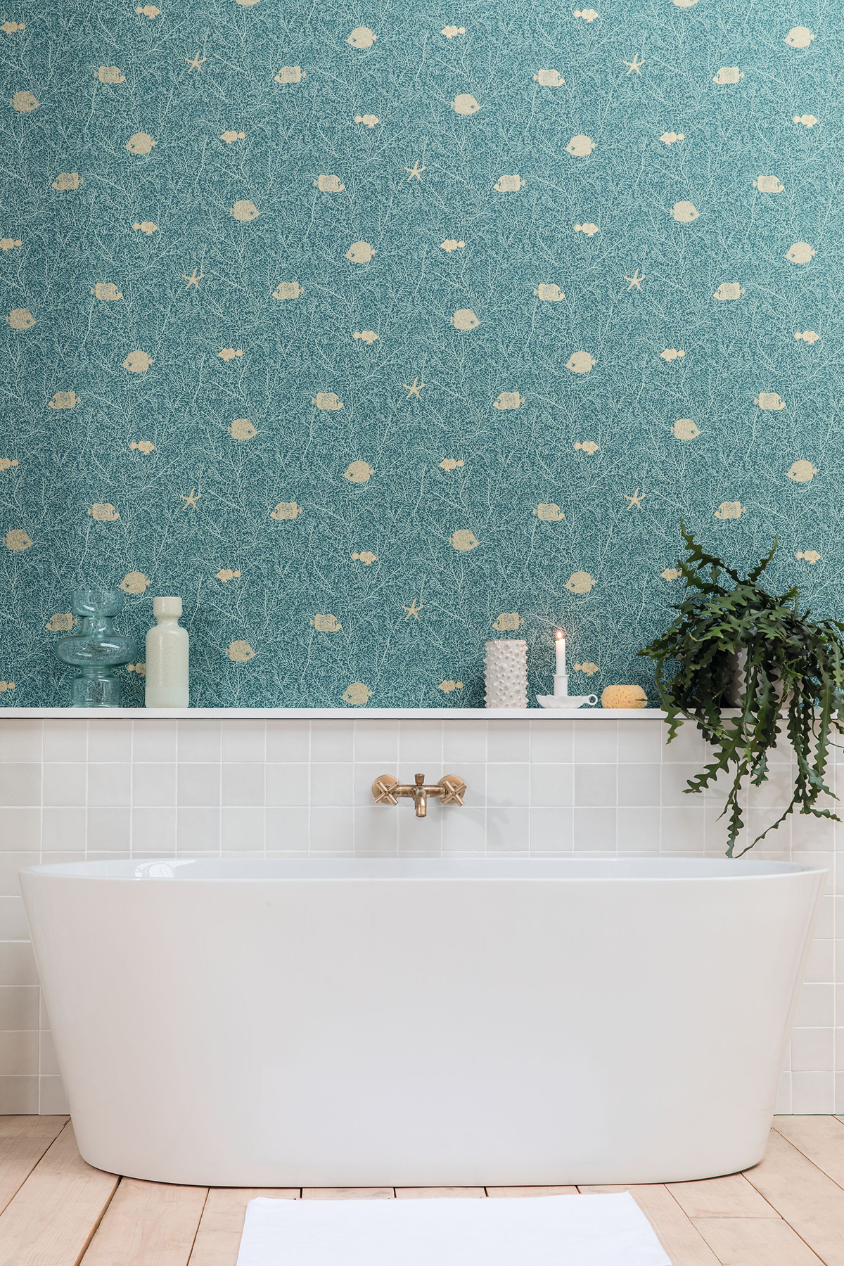 Papier peint Poissons et Coraux bleu et doré - Sea You Soon de Casélio | Réf. SYO102776680