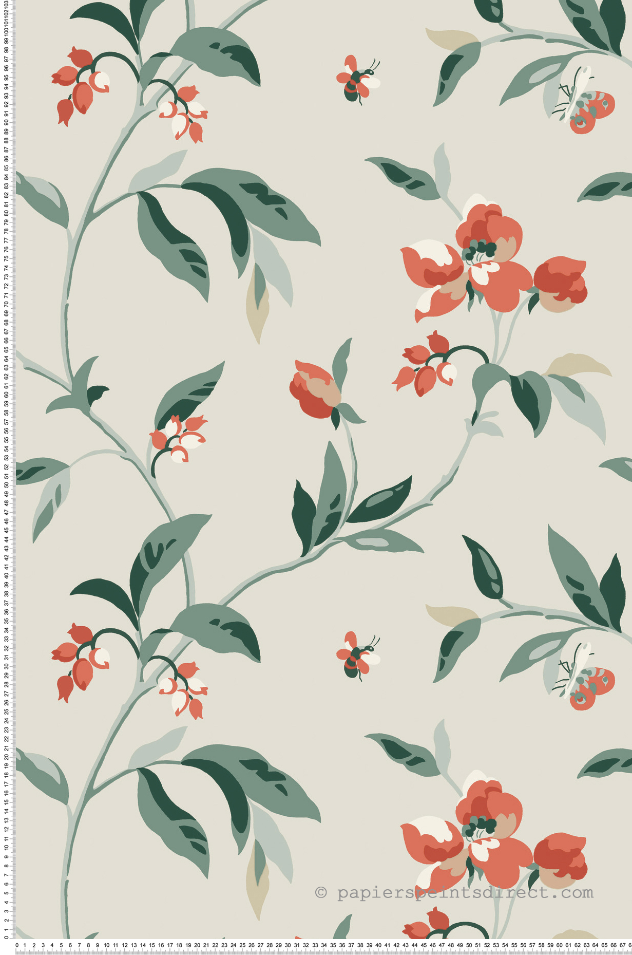 Papier peint Fleur Printemps corail, vert - Greenhouse de York (Initiales) | Réf. INI-GO8284