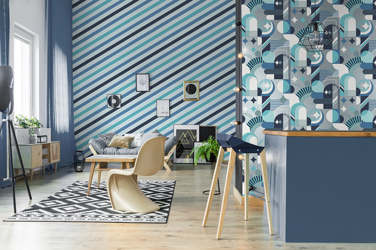 Papier peint Géométrique Vintage bleu et argenté - Pop d'Ugépa | Réf. UGP-M47401