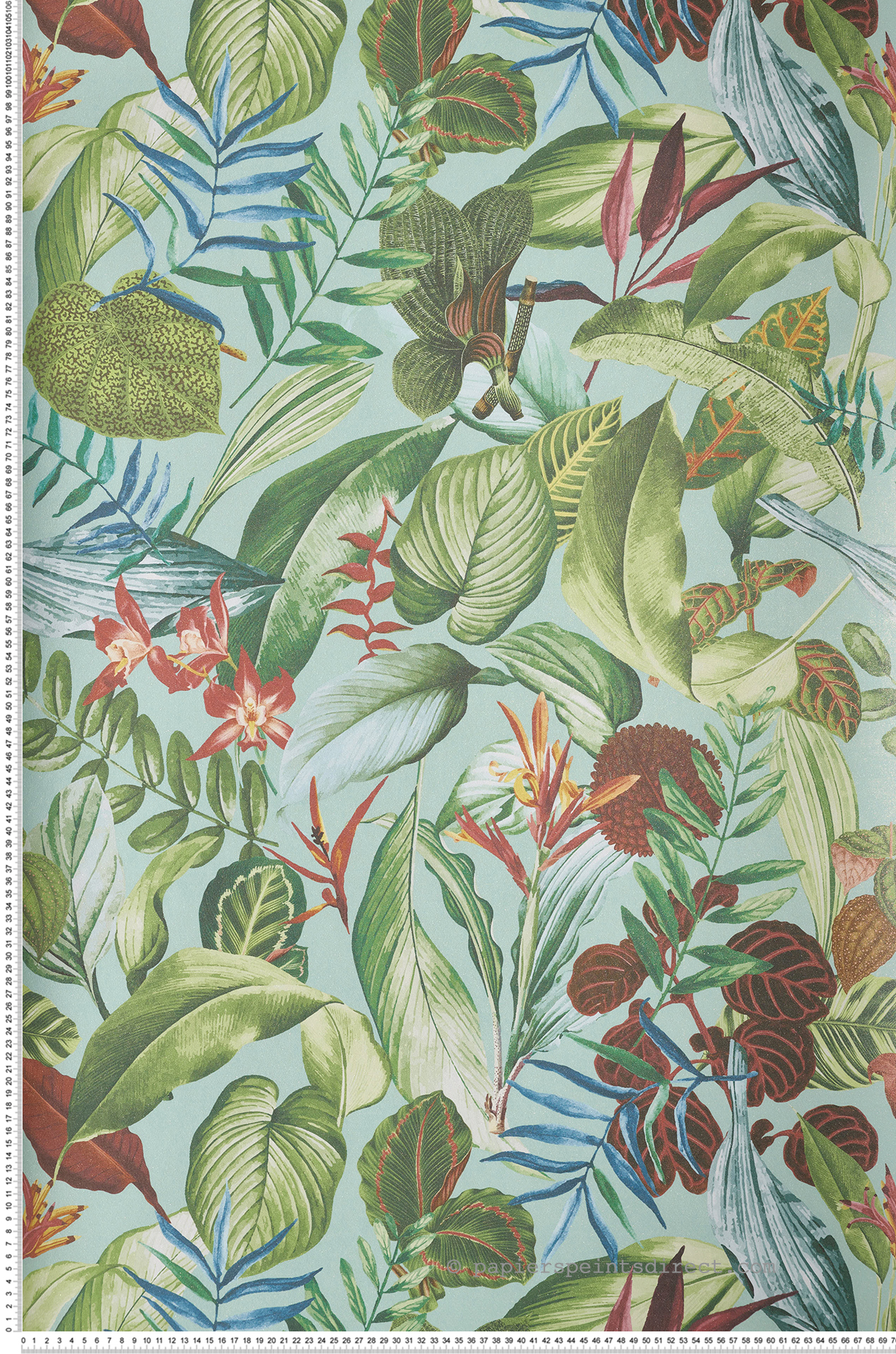 Papier peint Feuillage Tropical Kiribati bleu clair irisé - Moorea de Montecolino | Réf. MC-26741