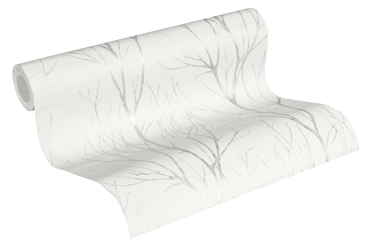 Papier peint Branche Silhouette argenté blanc - Attractive 2 d'A.S. Création AMB4 | Réf. AS-372602