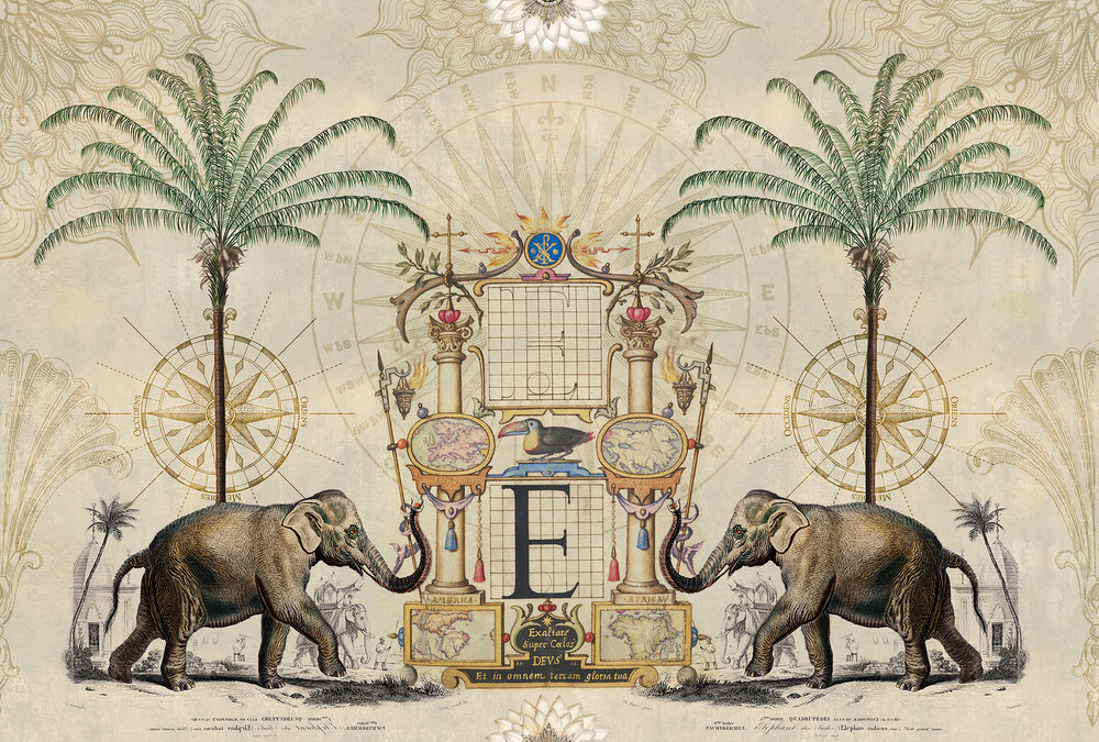 Papier peint panoramique Eléphant Palmier Nostalgic Elefant - Référence DD119737 - Intissé 200g/m2 - Standard 400 x 270