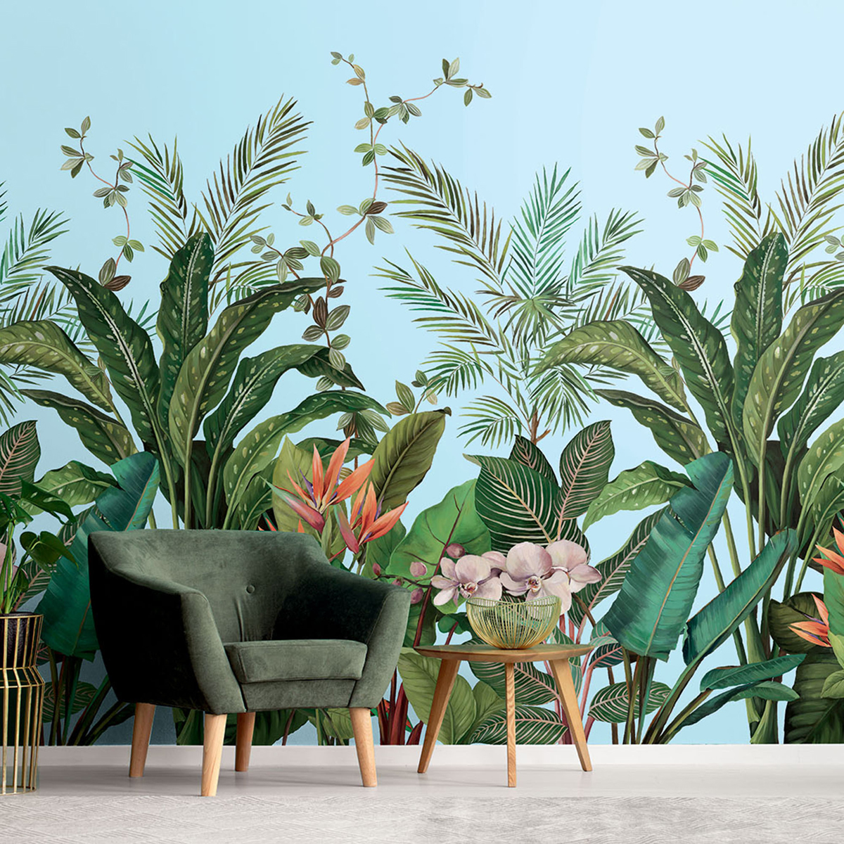 Papier peint panoramique Plante Oiseau de Paradis bleu clair - Daisy Bennett d'Initiales AMB2 | Réf. INI-DB31702M