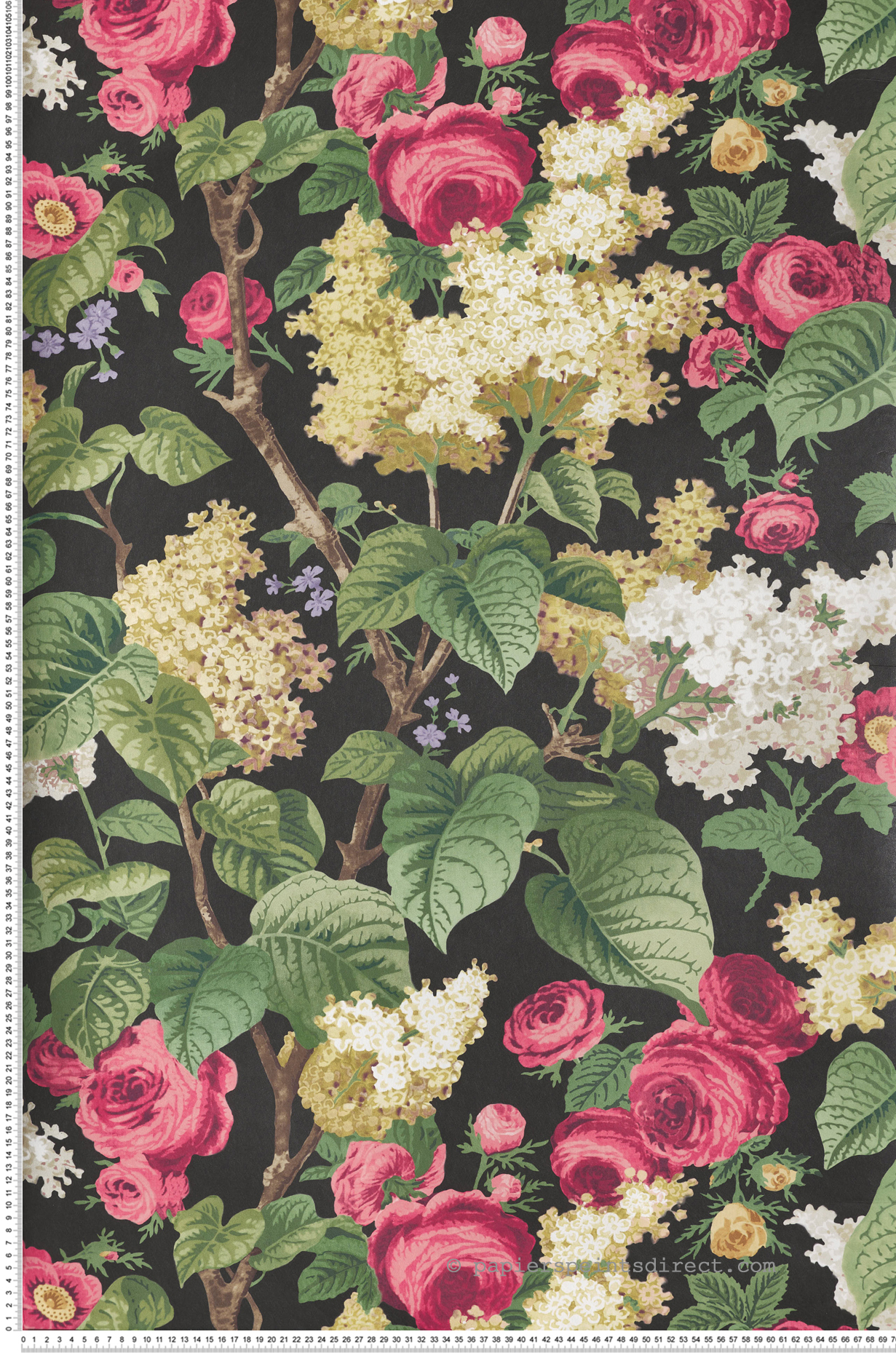 Papier peint Fleur Vintage Floribunda noir rose jaune - V&A Decorative Papers d'Initiales | Réf. INI-31116804