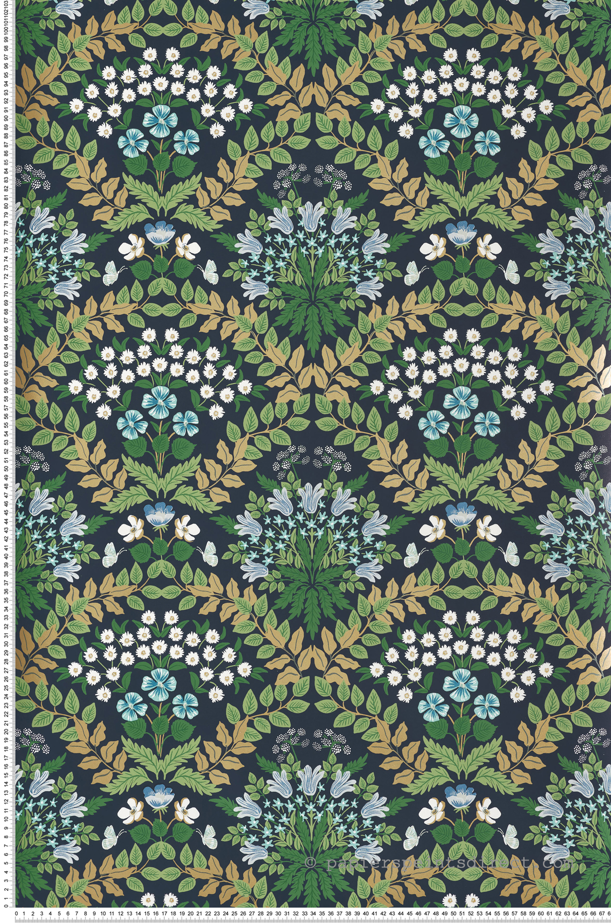 Papier peint Pensée et Fleur Sauvage bleu nuit doré - Rifle Paper Co. 2 de York (Initiales) | Réf. INI-RP7324