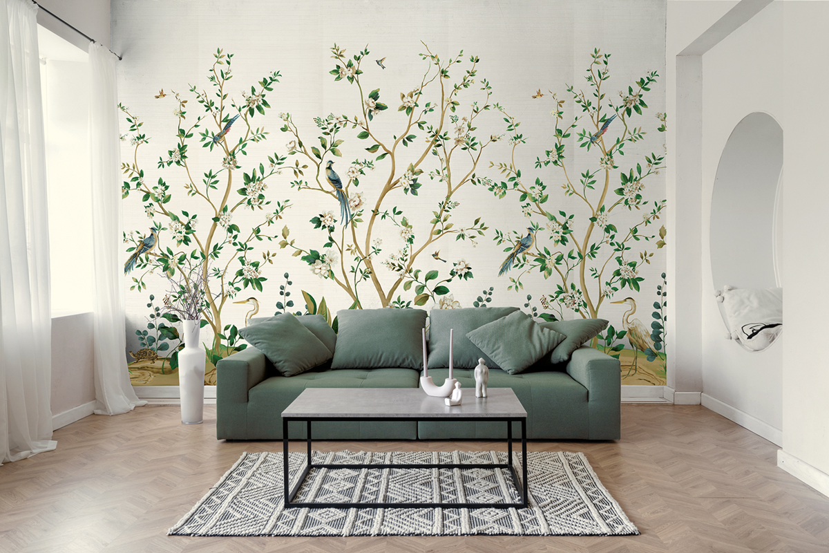 Papier peint panoramique Héron Botanique Grasscloth argenté - Daisy Bennett d'Initiales | Réf. INI-DB31108M