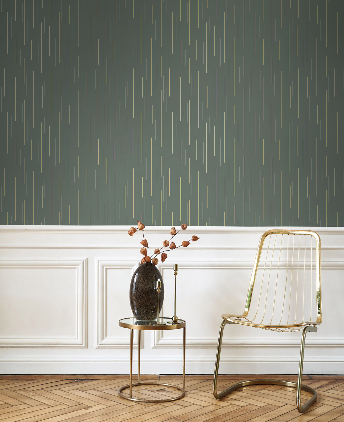 Papier peint Tracé Suspension Métallisé vert sapin doré - Alchimie de Casadéco | Réf. ALMI89917233