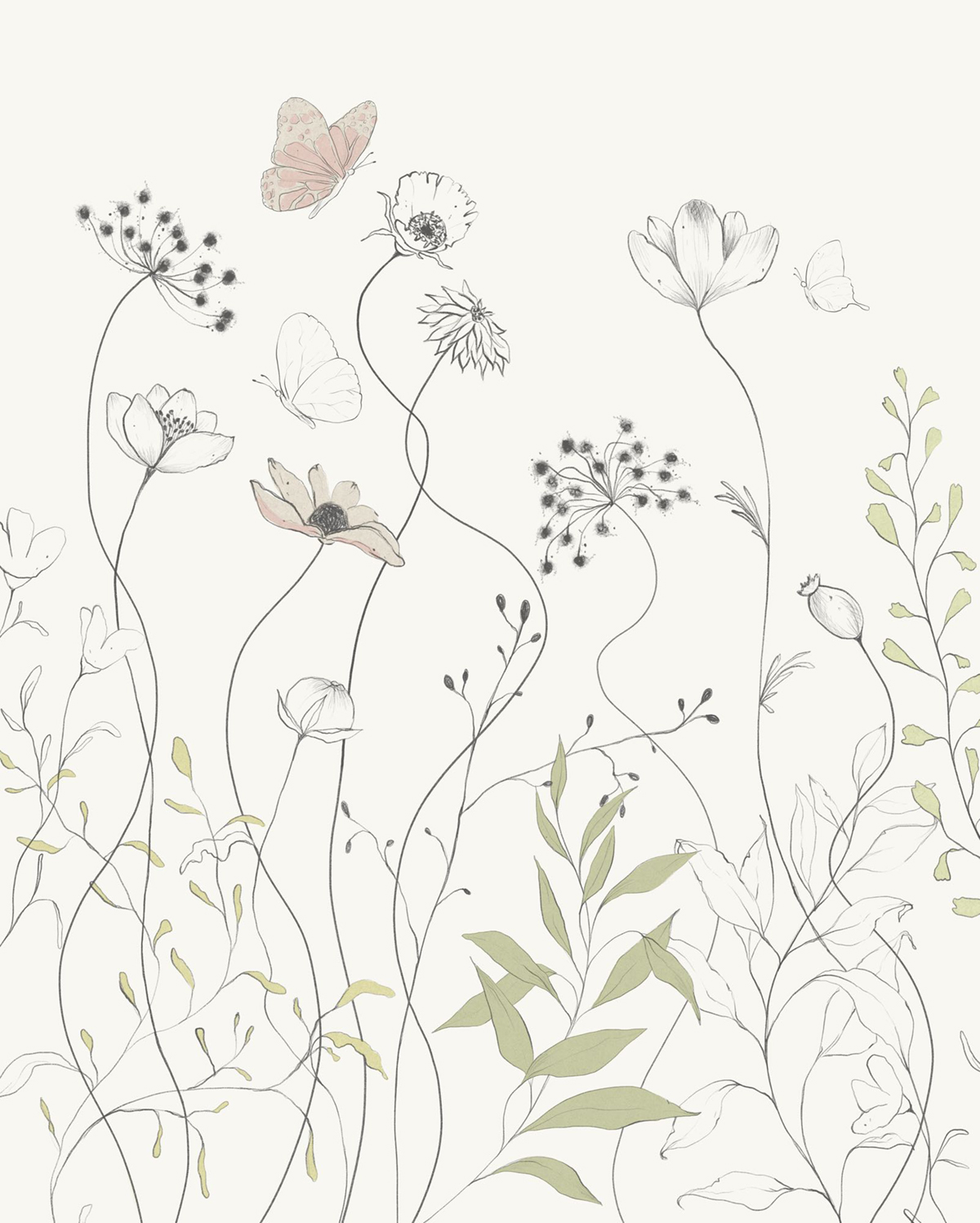 Papier peint panoramique Coquelicot Papillon beige rosé - Seasons de Komar