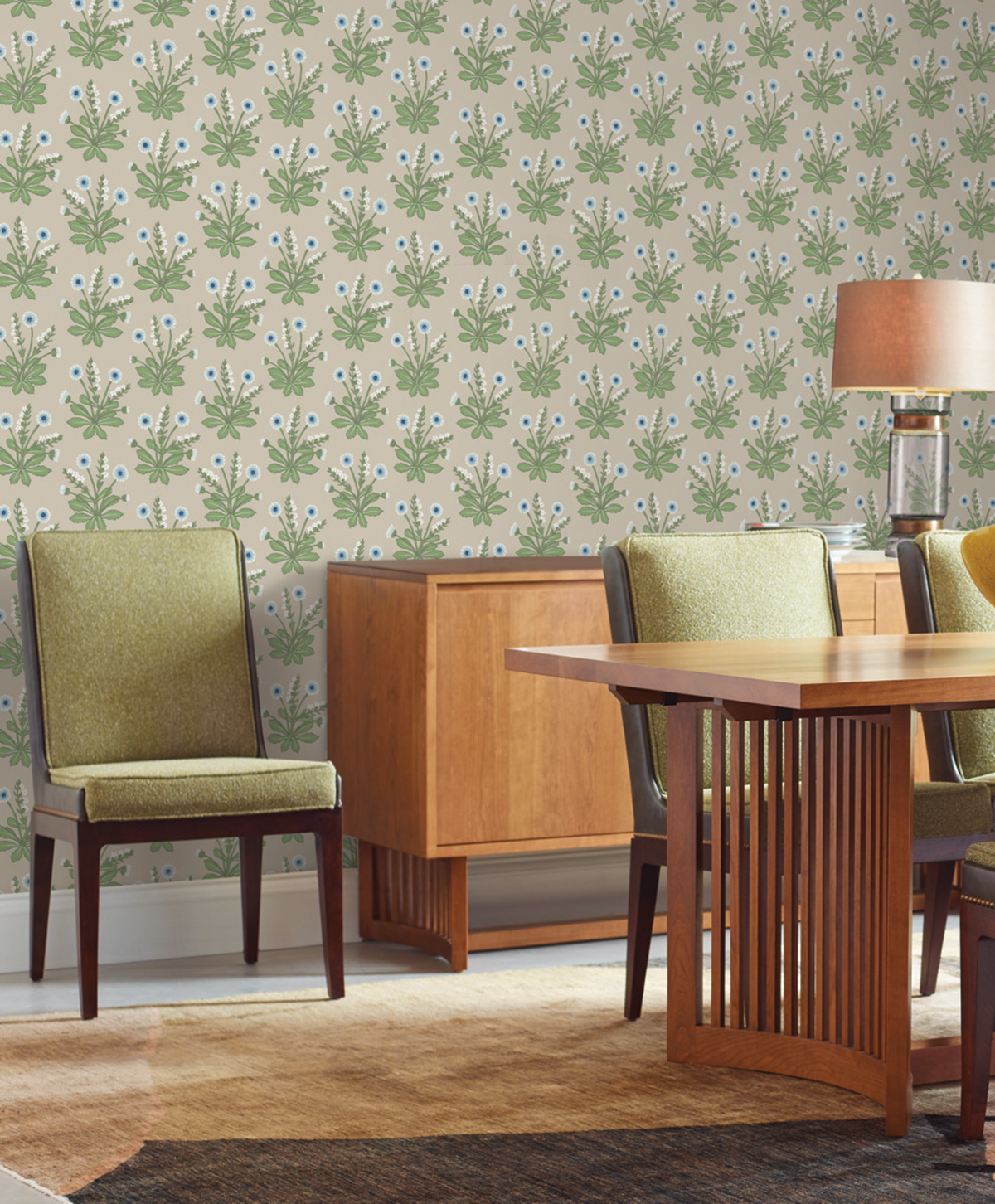 Papier peint Fleurs de Pré bleu vert lin - Arts & Crafts d'Initiales | Réf. INI-AC9154