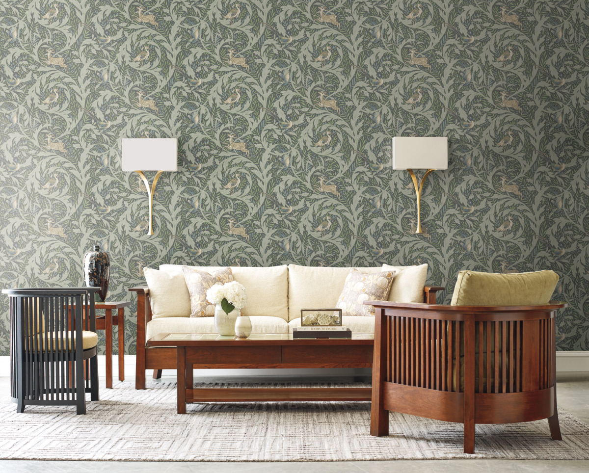 Papier peint Classique Animaux Forêt vert gris - Arts & Crafts d'Initiales | Réf. INI-AC9124