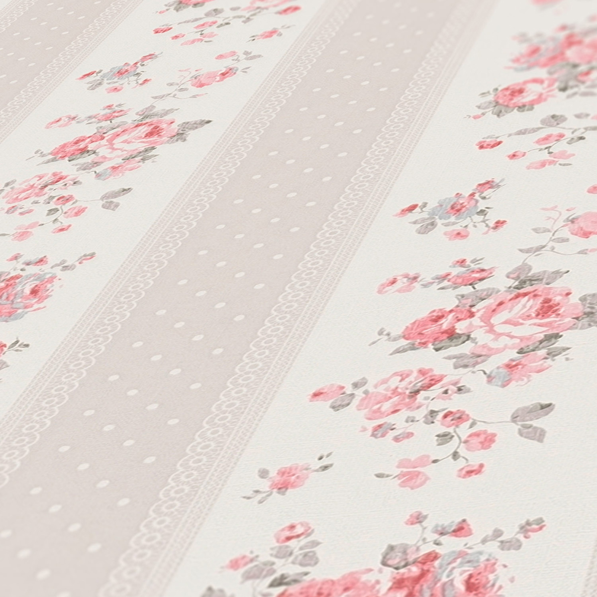 Papier peint Rayure Pois Florale lin rose - Maison Charme d'A.S. Création ZOOM | Réf. AS-390694