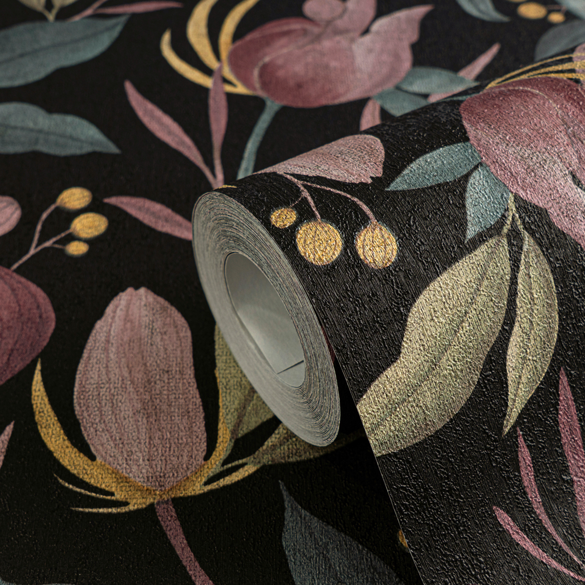 Papier peint Floral Still Bloom noir prune - Cosmoliving d'A.S. Création ZOOM | Réf. AS-790622