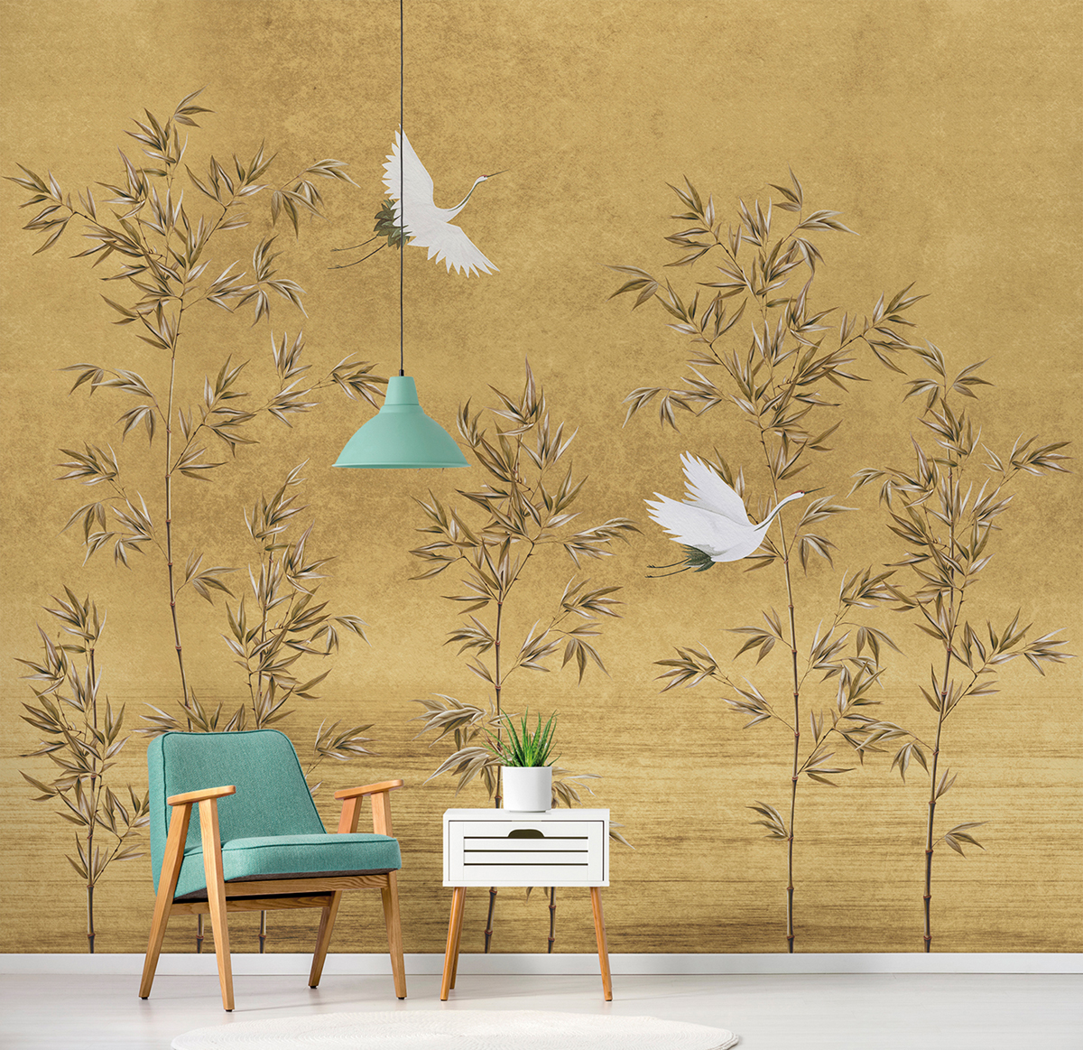 Papier peint panoramique Oiseau Japonais moutarde - Panorama 2 de Lutèce | Réf. LTC-PAN1563C