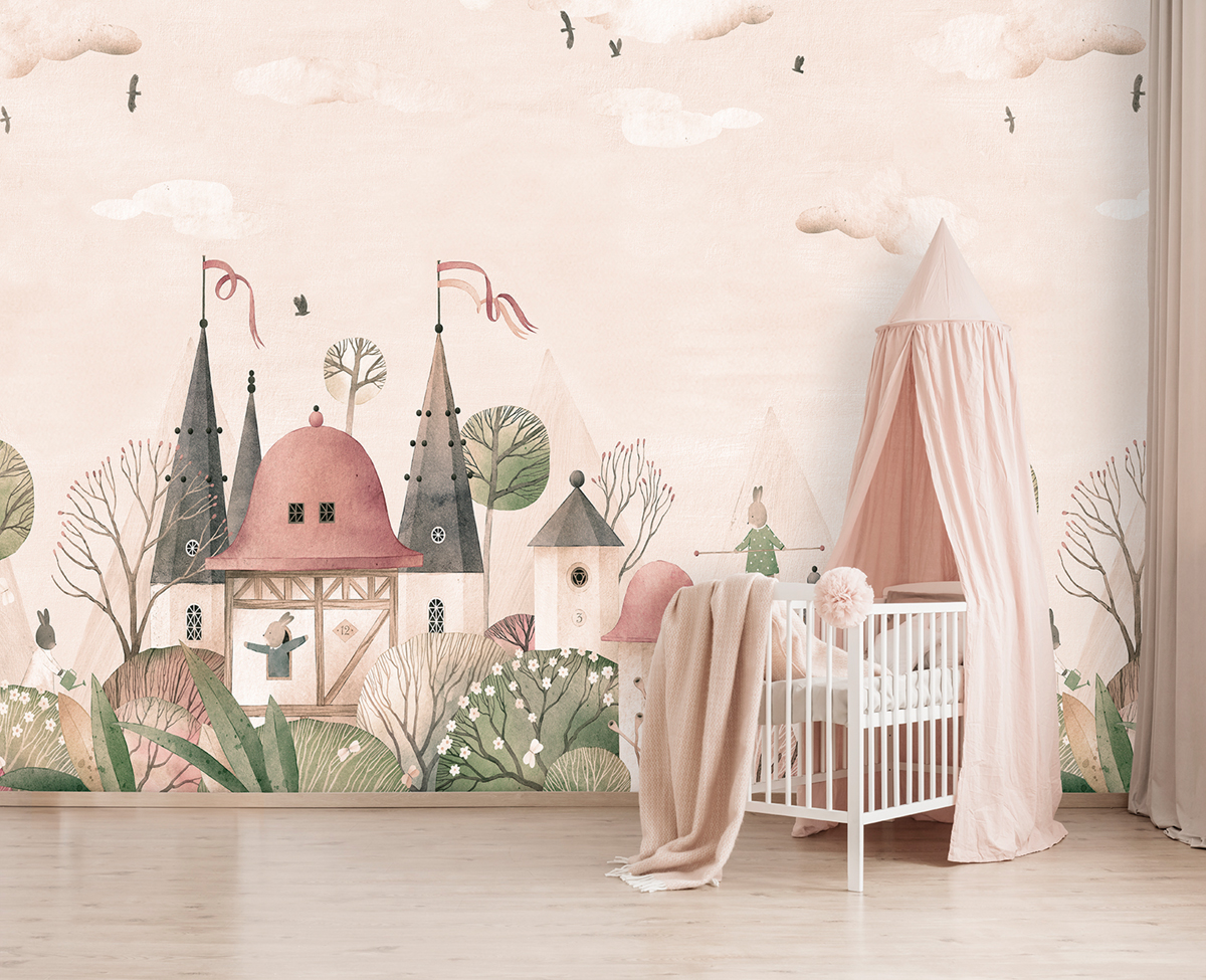 Papier peint panoramique Village Woodland Bunnies beige brun - Farandole de Lutèce | Réf. LTC-CW6007-7