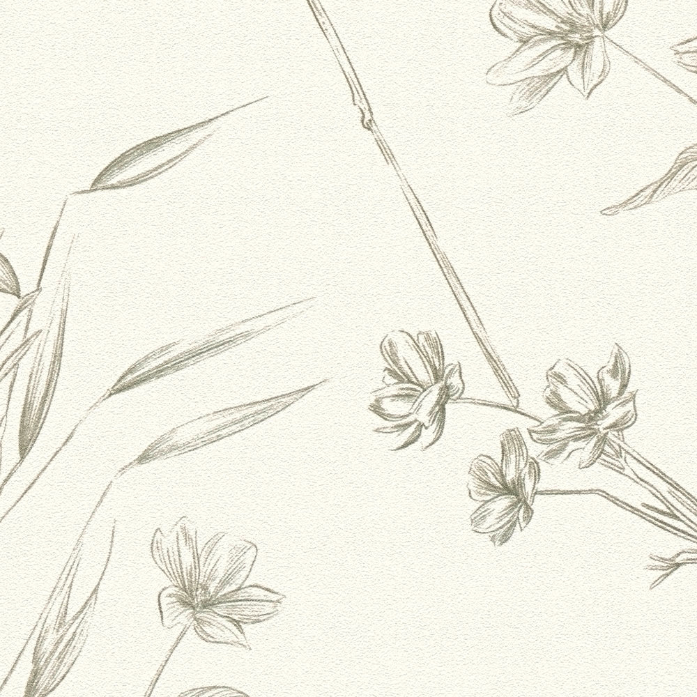 Papier peint Fleur Papillon Croquis vert blanc - Drawn Into Nature de Livingwalls AMB5| Réf. 39427-3