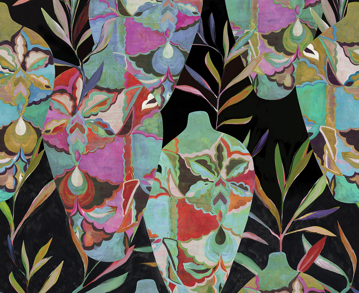 Papier peint panoramique Pot Fleuri Amphor noir - A, B et C H260 - Wall Designs IV de Masureel | Réf. MAS-DG4AMP101X-260