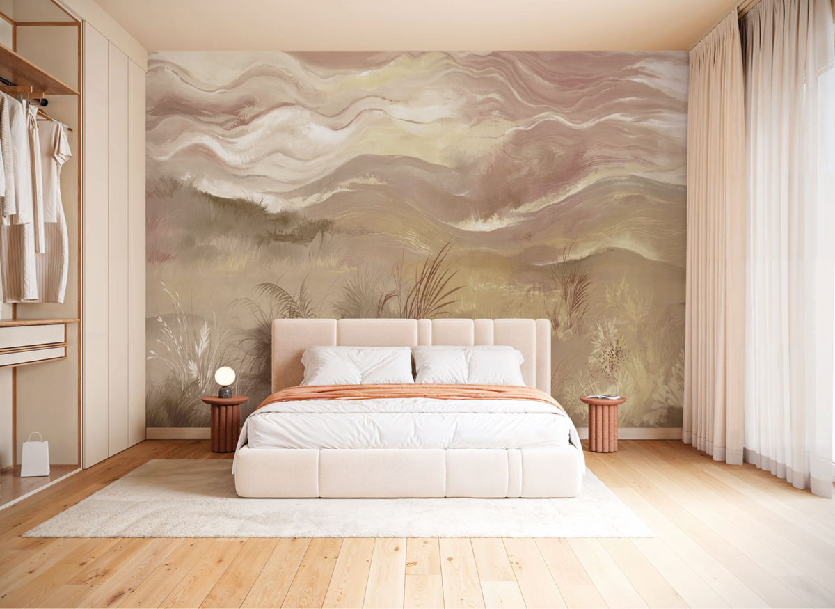Papier peint panoramique Sunset Paysage beige rosé - Seasons de Komar