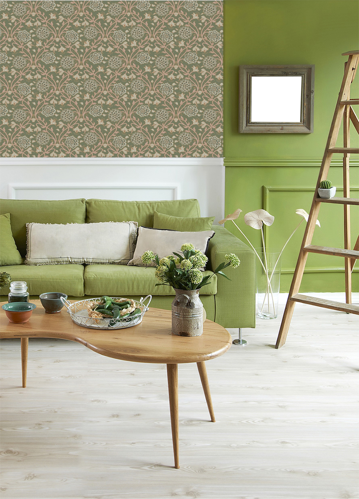 Papier peint Médaillon Baroque Tinkerbell kaki rose - Demeures de Montecolino | Réf. MC-650523