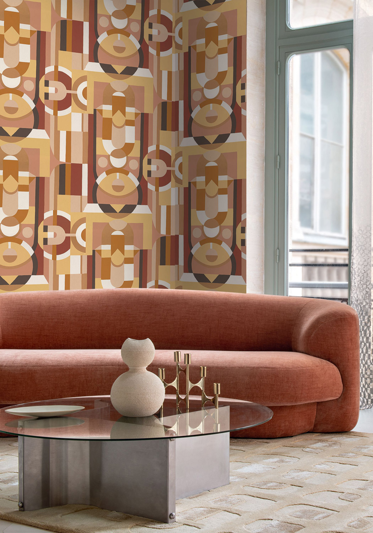 Papier peint Art Déco Vitrail vanille rose cuivré - Faubourg des Lumières de Casamance | Réf. CAS-76250406