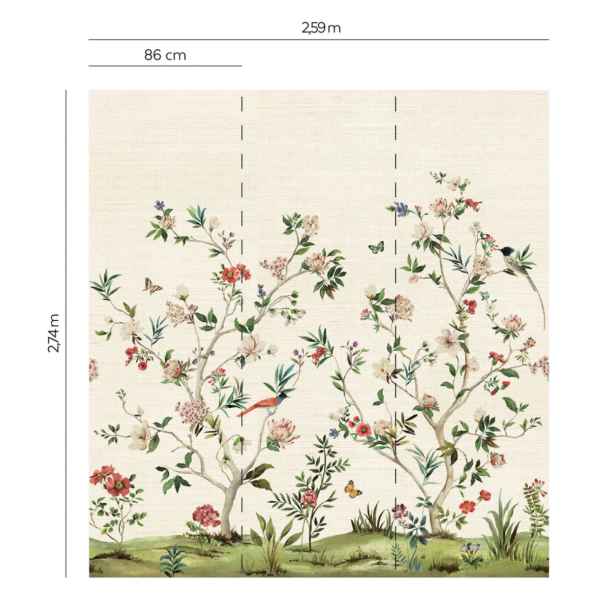 Papier peint panoramique Oiseaux Chinoiserie Magnolia Grasscloth blanc cassé - Daisy Bennett d'Initiales AMBR | Réf. INI-DB31506M