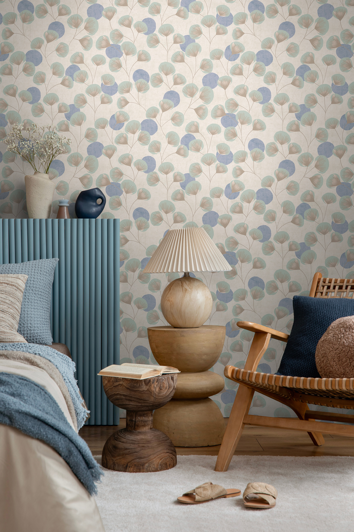 Papier peint Végétal Rétro Aster taupe bleu - Nordic Feeling d'A.S. Création