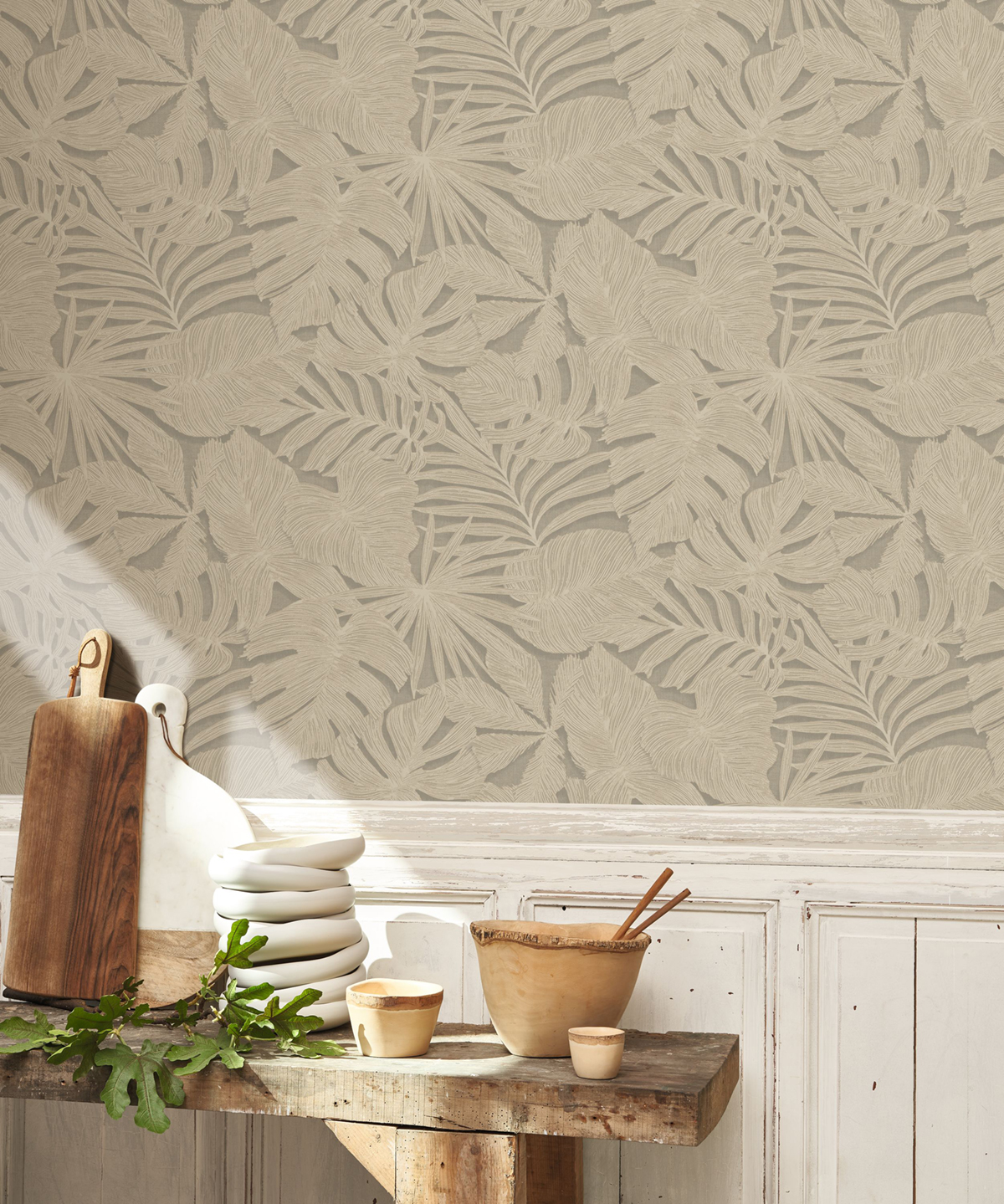 Papier peint Palmes Gravure Granada beige lin - Vegetals de Casadéco | Réf. VEGE86431441
